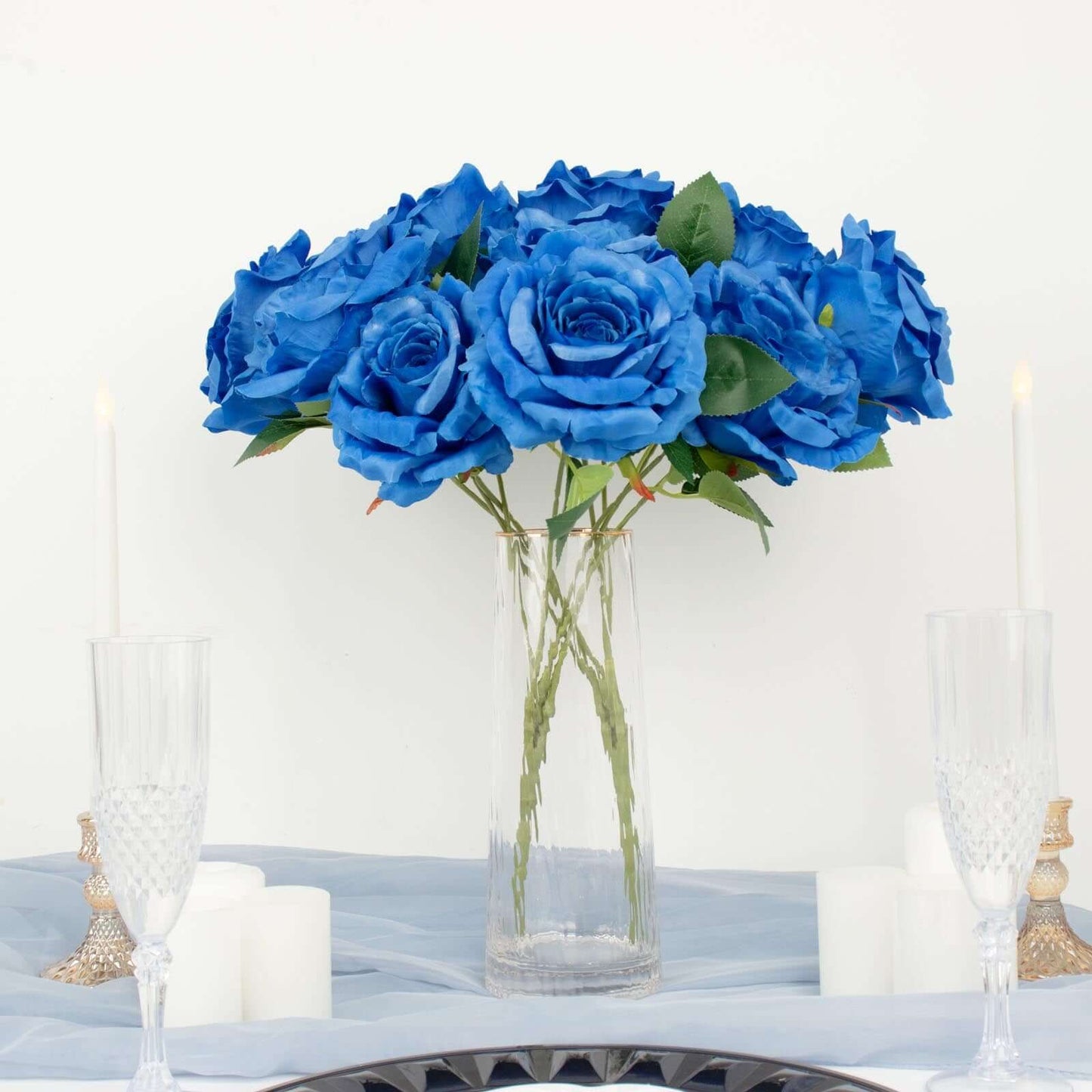 2 Bushes 17" Royal Blue Premium Silk Jumbo Rose Flower Bouquet, High Quality Artificial Wedding Floral Arrangements