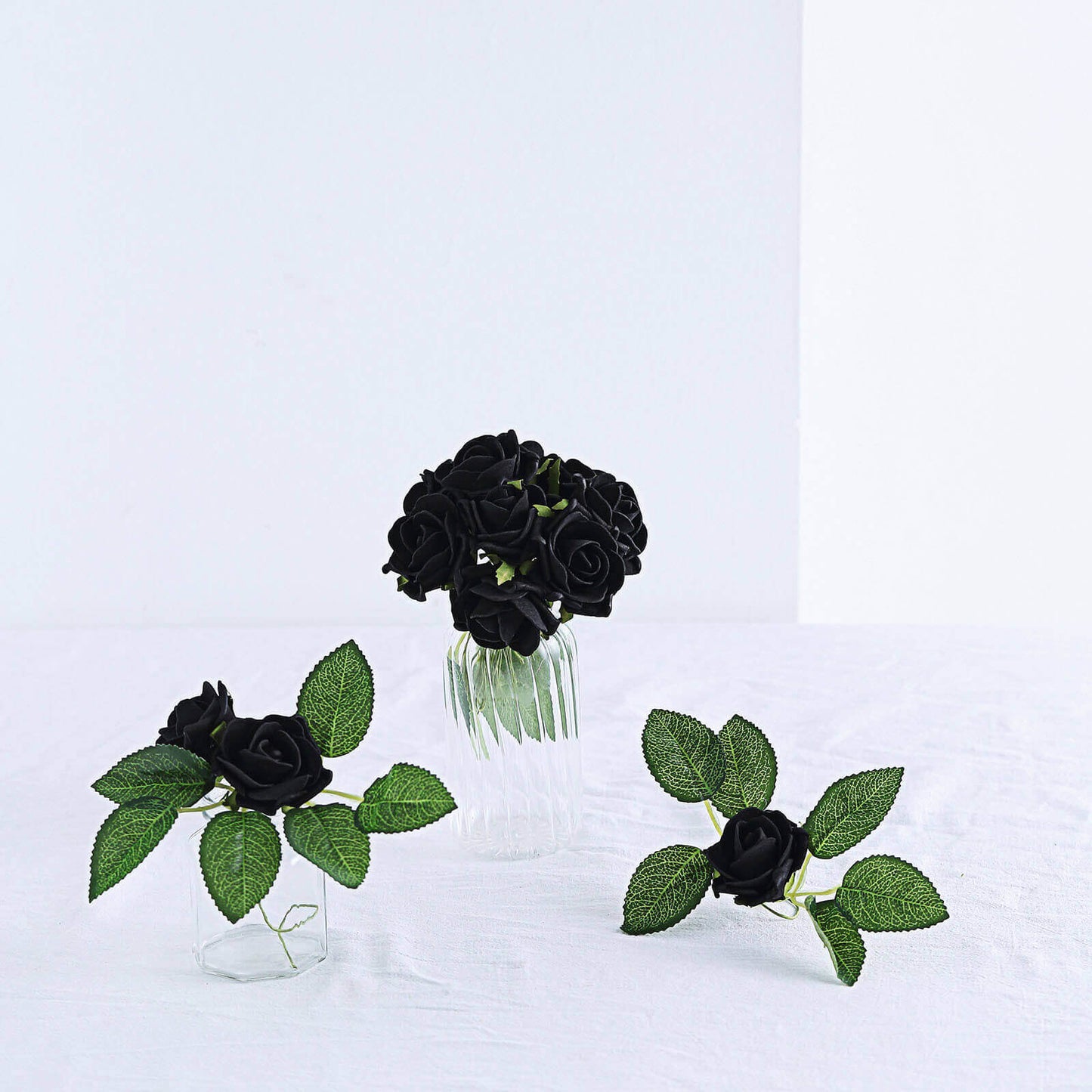 24 Roses 2" Black Artificial Foam Flowers With Stem Wire and Leaves