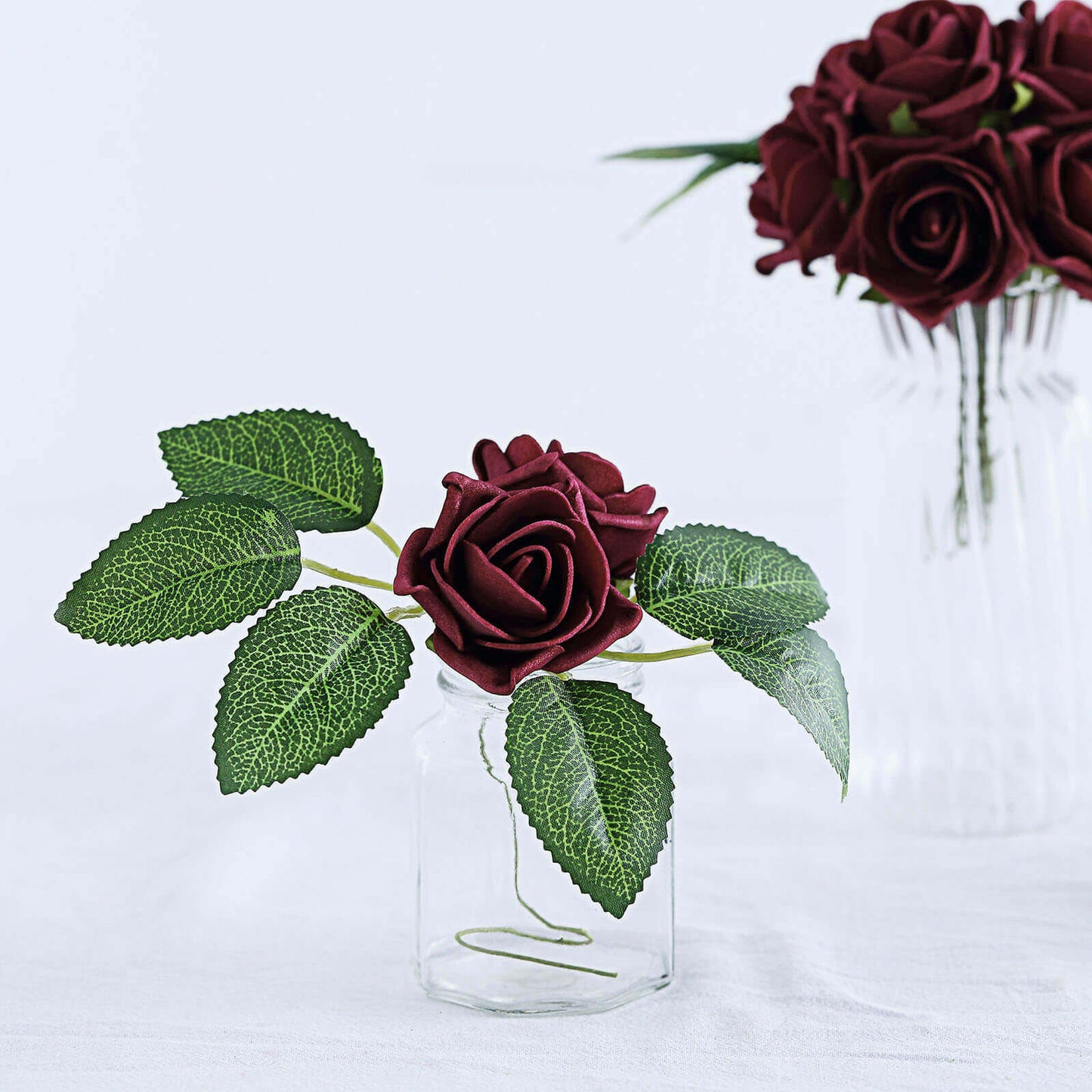 24 Roses 2" Burgundy Artificial Foam Flowers With Stem Wire and Leaves