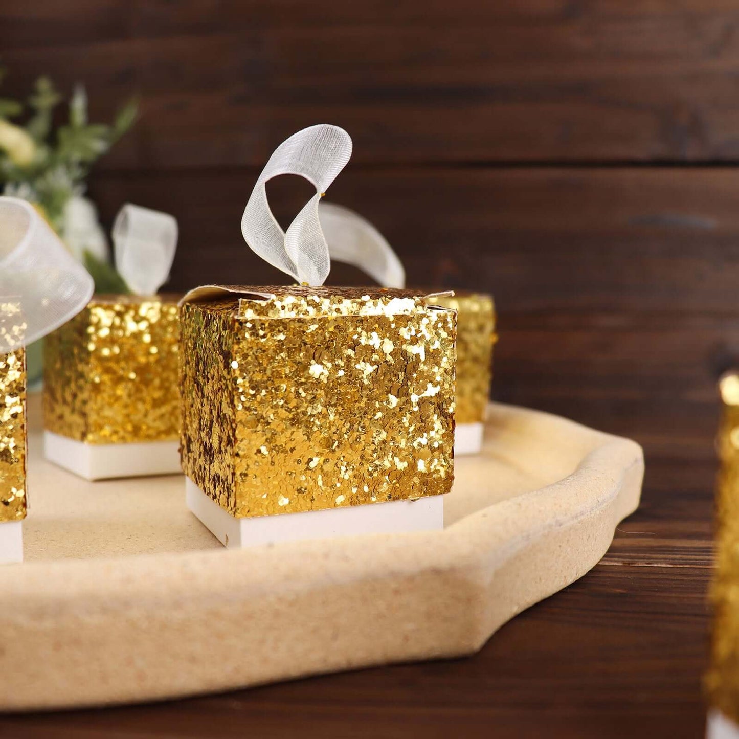 25 Pack 2" Gold Sequin Glitter Party Favor Boxes With White Ribbon Loop, Wedding Favor Gift Boxes, Candy Cases