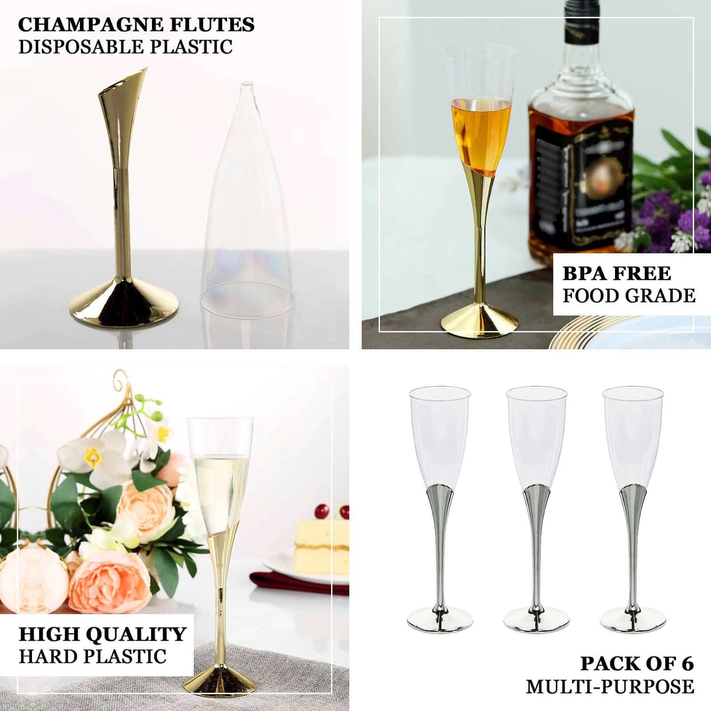 6-Pack Plastic Champagne Flutes Clear/Gold - Stylish Disposable Glasses for Toasts 5oz