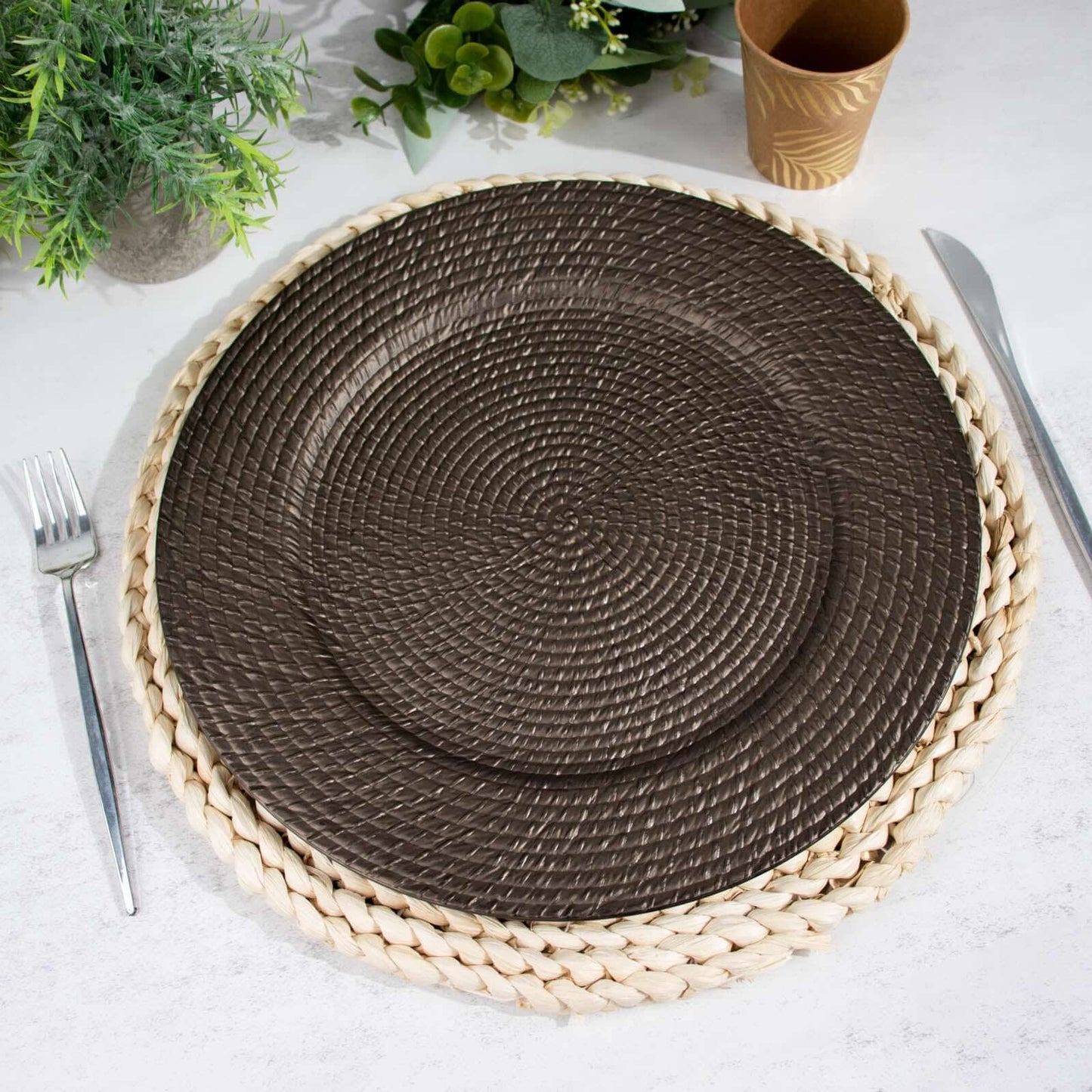 6-Pack Acrylic Round Charger Plates 13" in Natural Brown with Rattan-Like Design, Farmhouse Disposable Plastic Charger Tableware