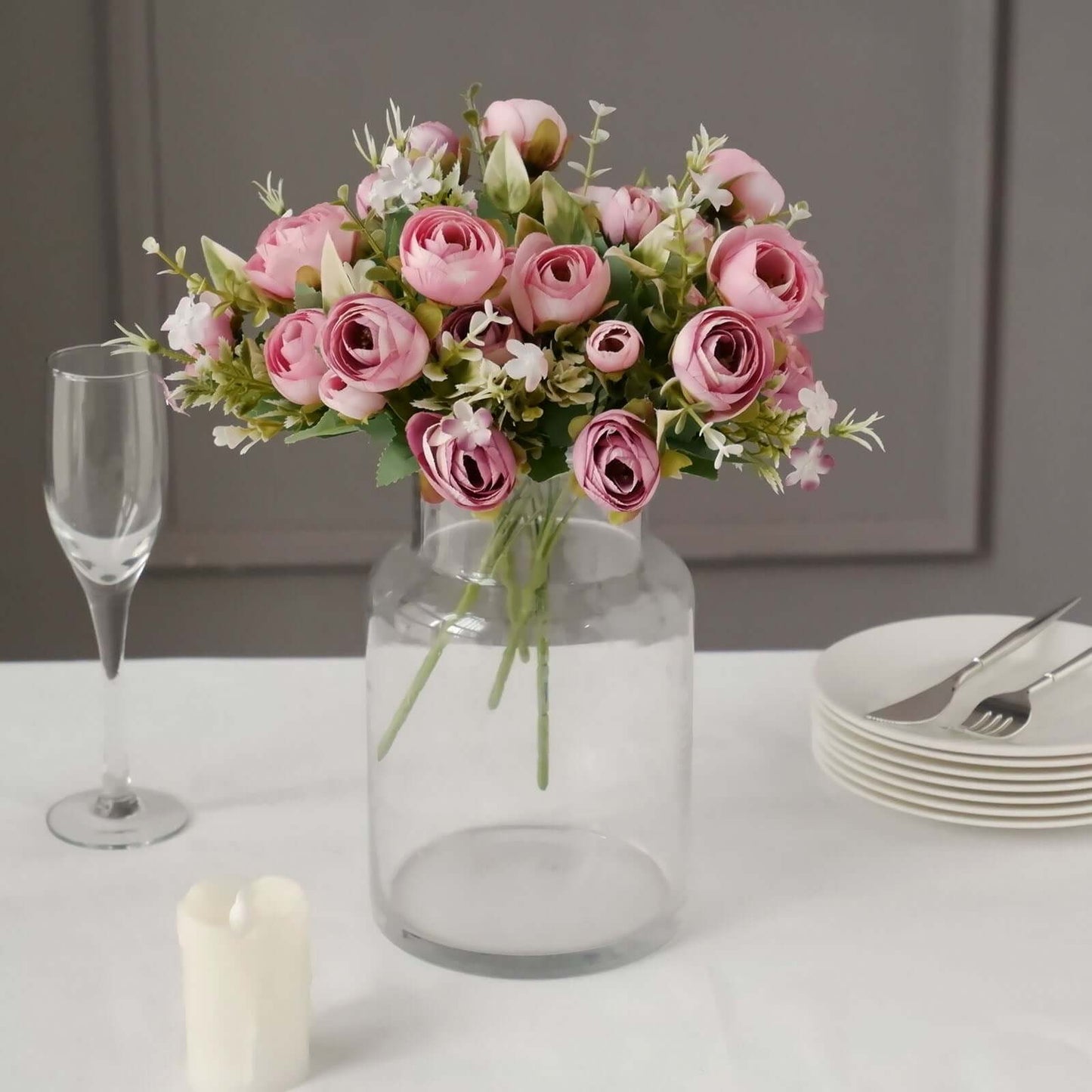 4 Pack 12" Artificial Dusty Rose Ranunculus Silk Flower Bridal Bouquets, Faux Buttercup Floral Arrangement