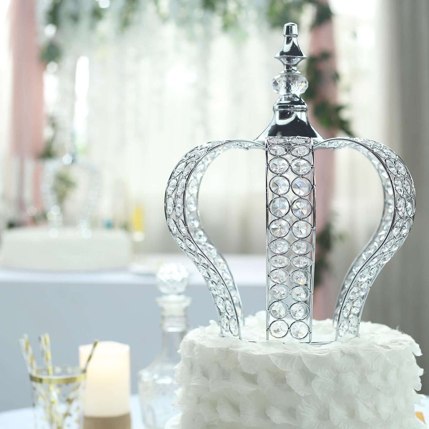 Crystal-Bead Royal Crown Cake Topper Metallic Silver - Dazzling Cake Centerpiece Decor for Luxurious Birthdays Receptions & Romantic Celebrations 14"