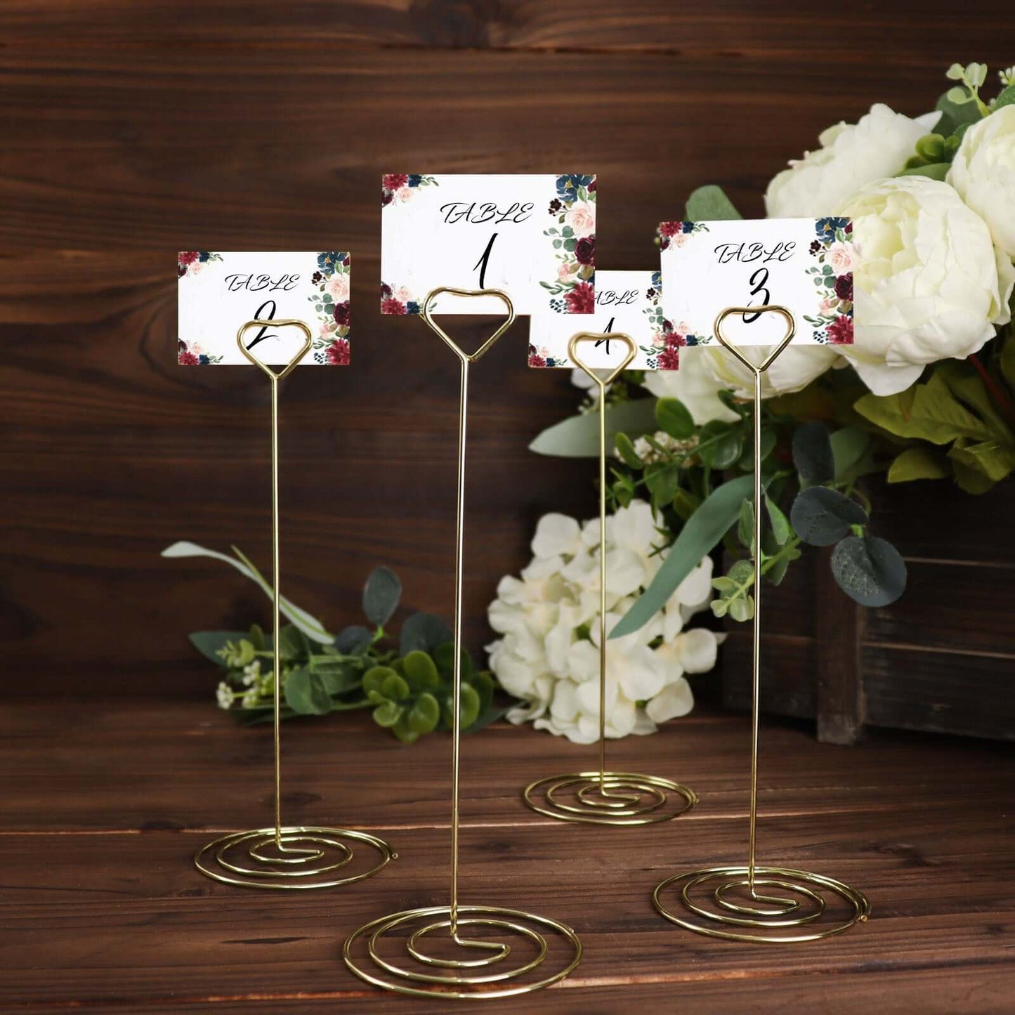 10-Pack Metal Card Holder Stands Heart Design Gold - Table Number Stands and Wedding Place Card Menu Clips 8"