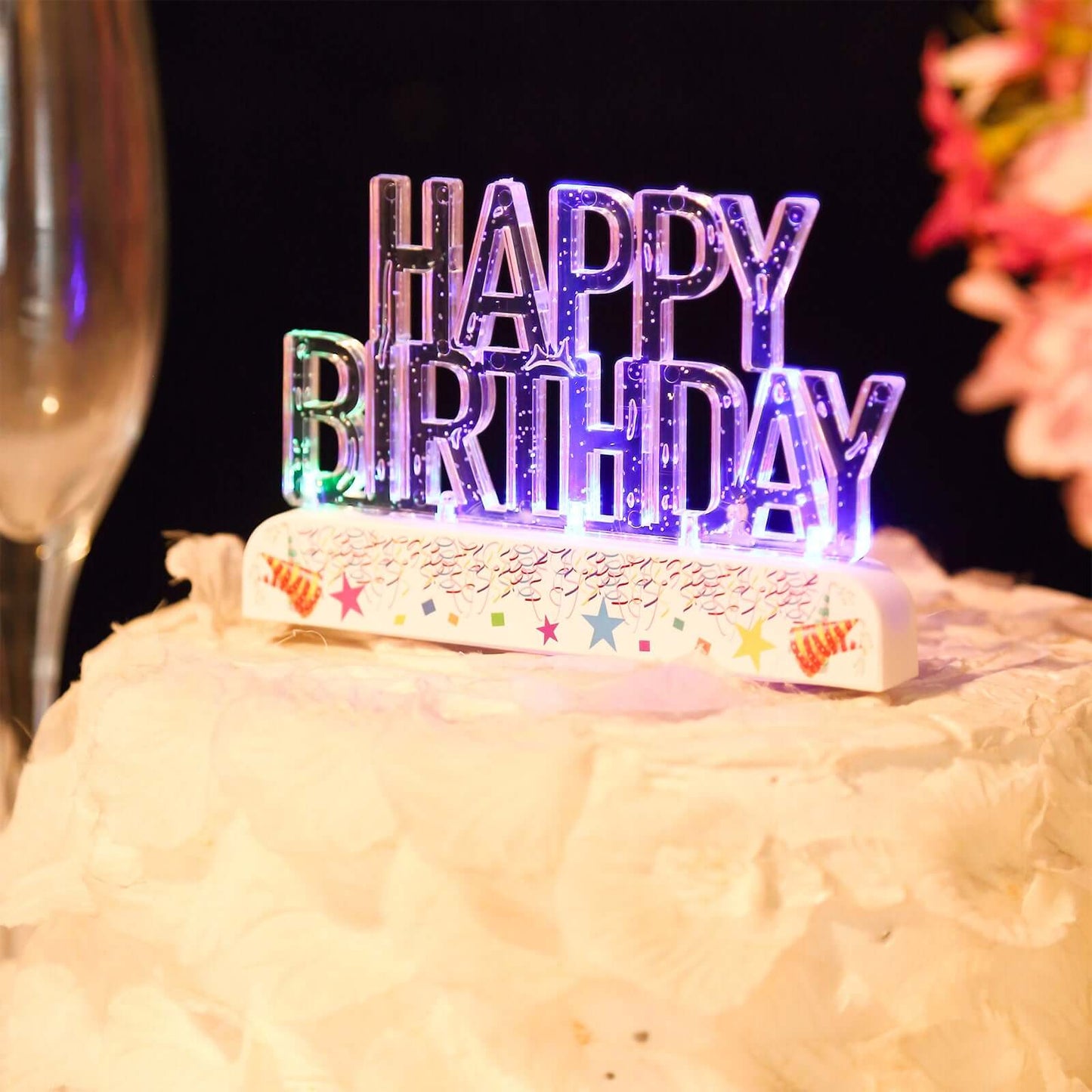 LED Cake Topper Multicolor Flashing Clear Acrylic - Perfect Happy Birthday Party Decor 5"x3"