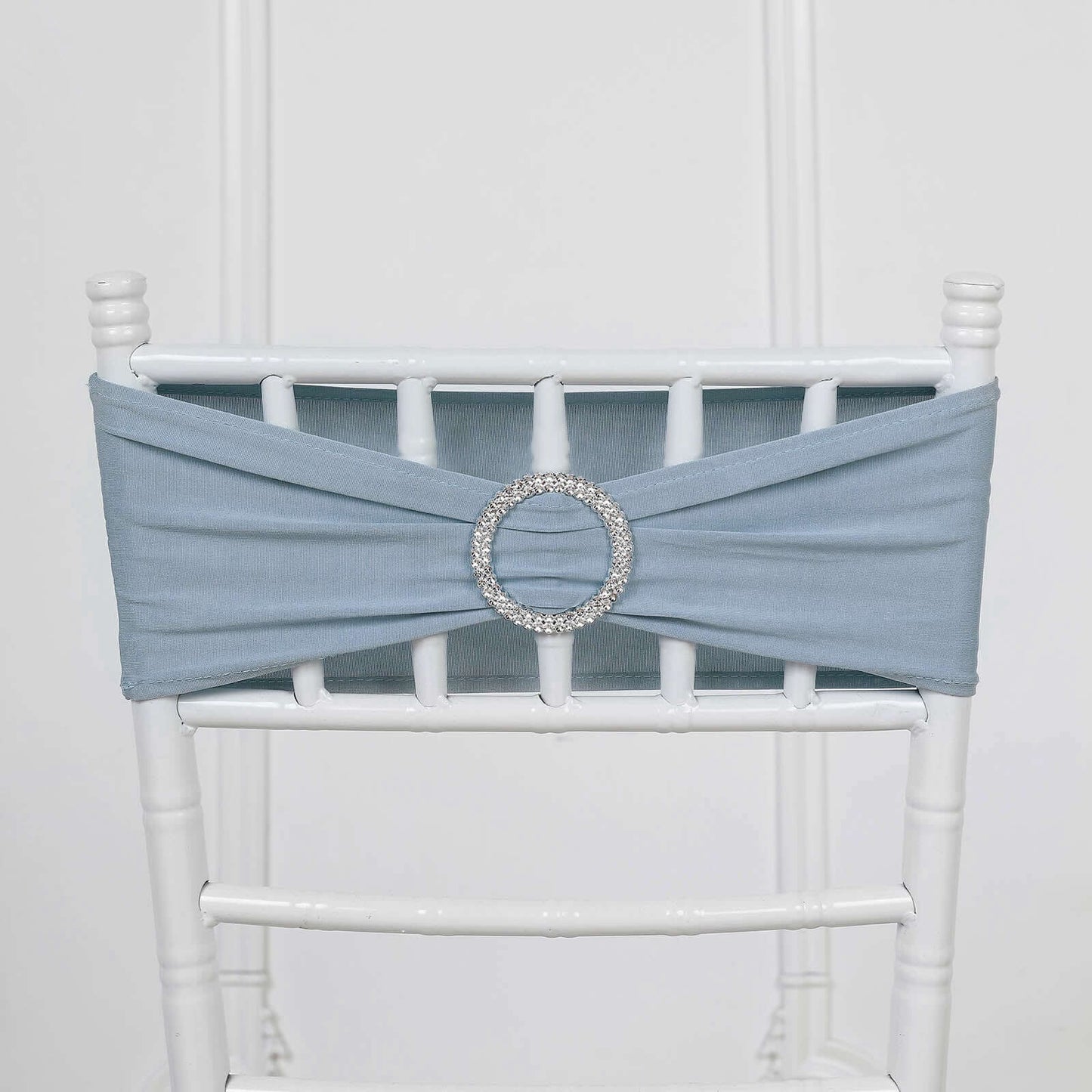 5 Pack Stretch Spandex Chair Sashes Dusty Blue - Reusable Chair Bands with Silver Diamond Ring Slide Buckle 5"x14"