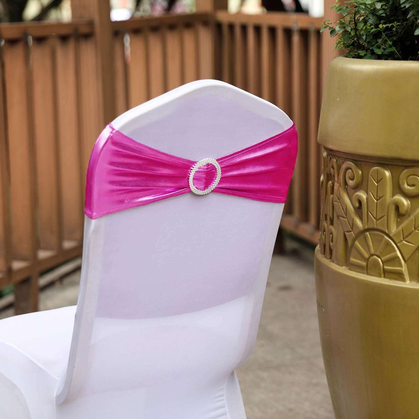 5 Pack Metallic Spandex Chair Sashes Fuchsia - Stretch Fit Chair Bands With Round Diamond Buckles