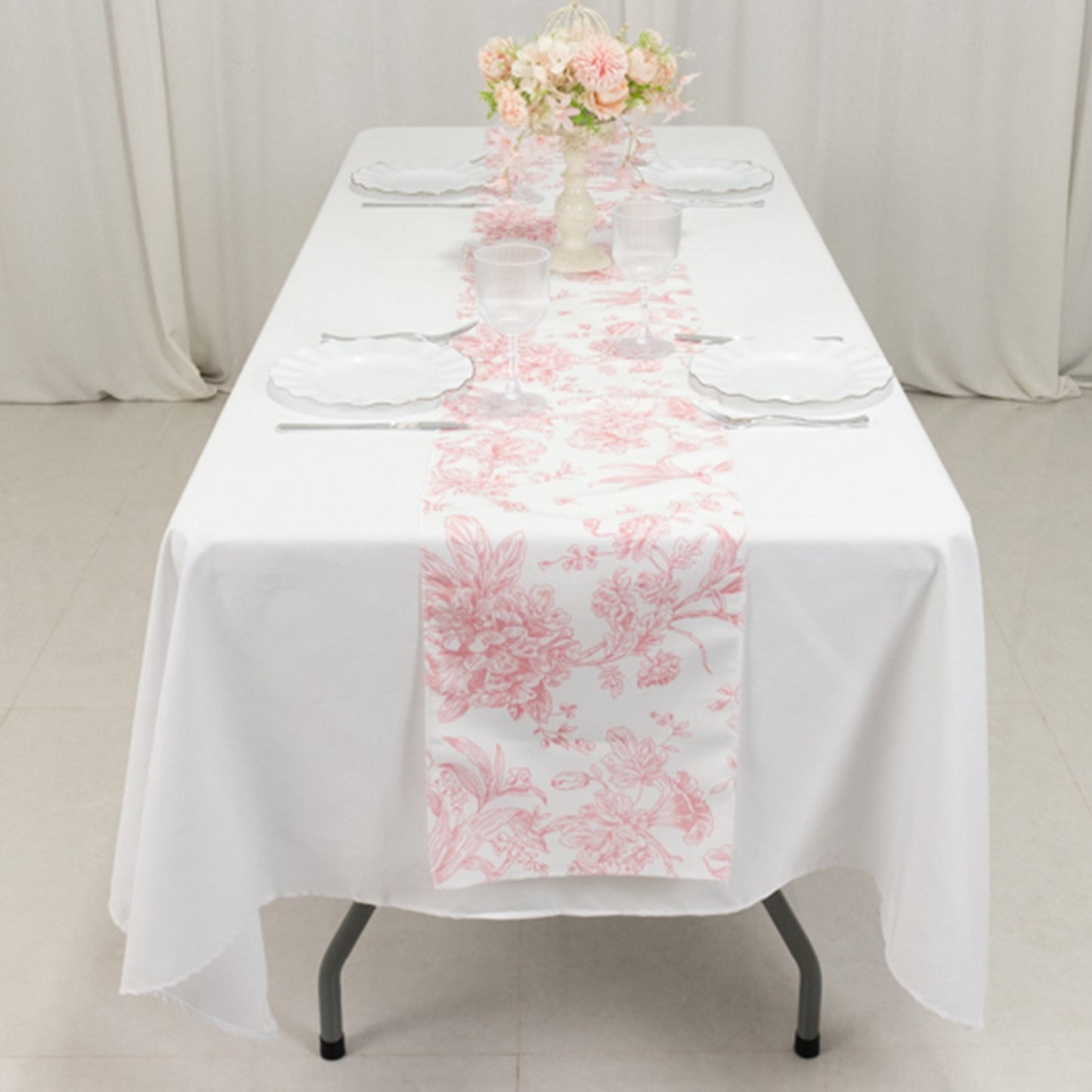 Polyester Table Runner 12"x108" White with Pink French Toile Floral Print Reusable Table DÃ©cor