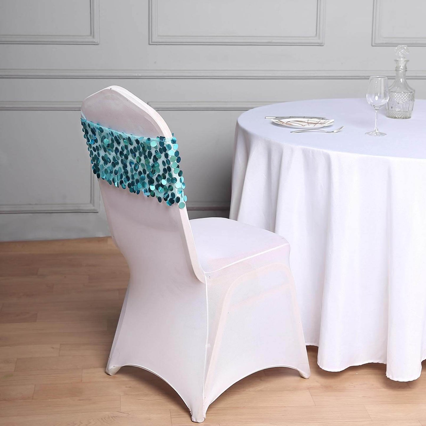 5 Pack Big Payette Sequin 13"x10" Chair Sash Bands Turquoise - Stylish Glittering Decor for Weddings & Gatherings