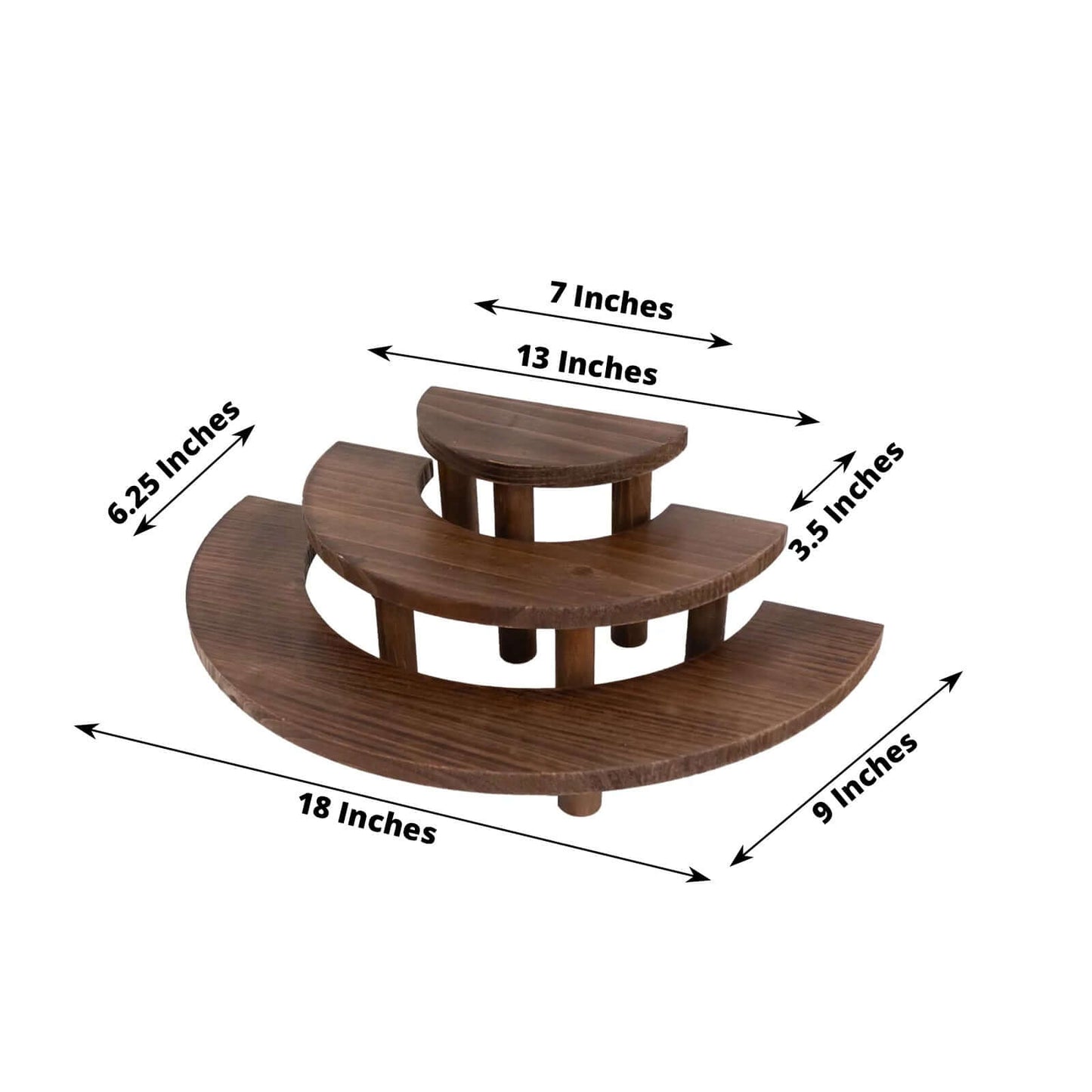 Set of 3 Wooden Dessert Pedestals Rustic Brown 3-Tier Semicircle Design - Half Moon Cupcake Display Risers 7", 13", 18"