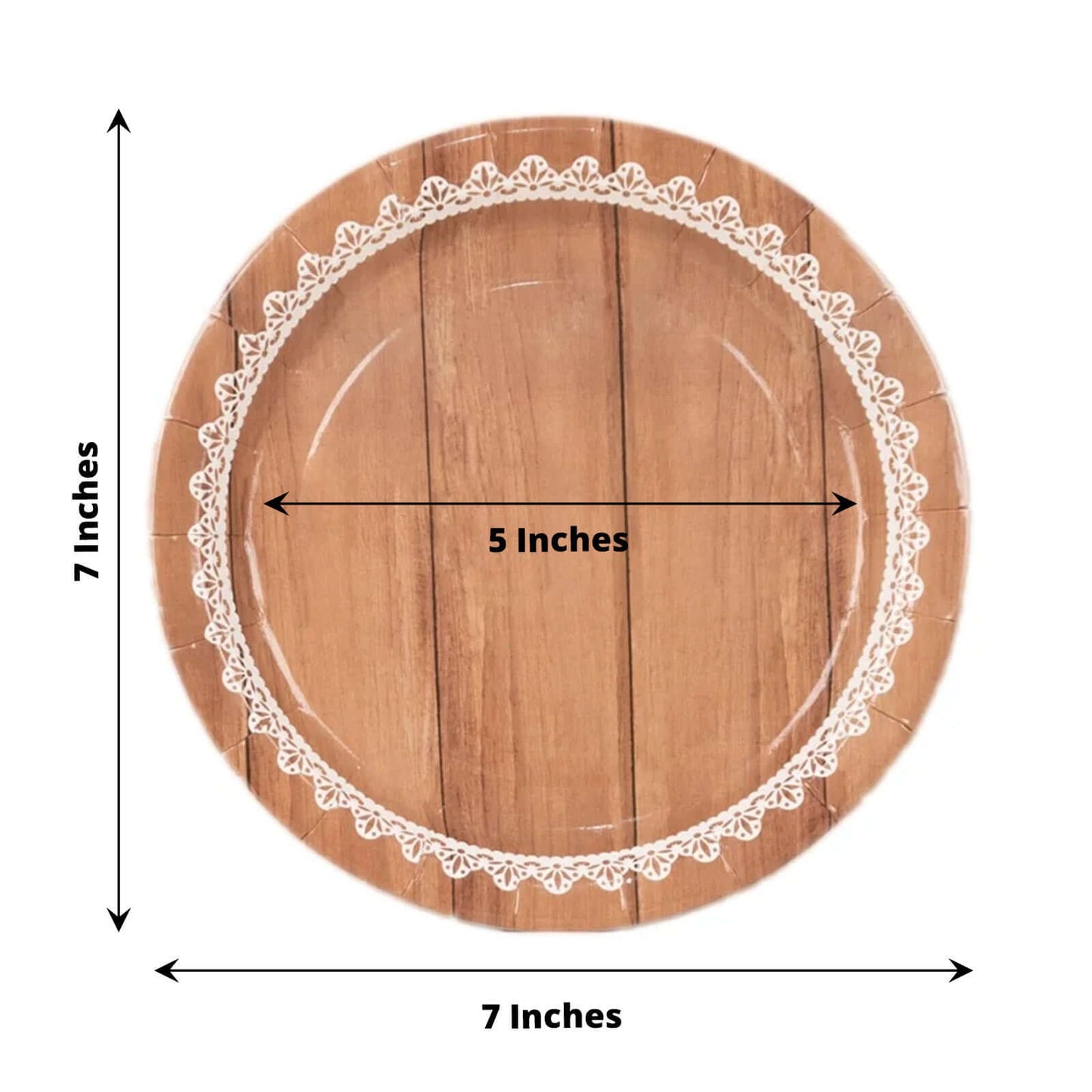 25-Pack Paper 7" Round Dessert Plates in Brown Wood Grain Print with White Floral Lace Rim - Disposable Appetizer Salad Plates for Rustic Farmhouse Style Events