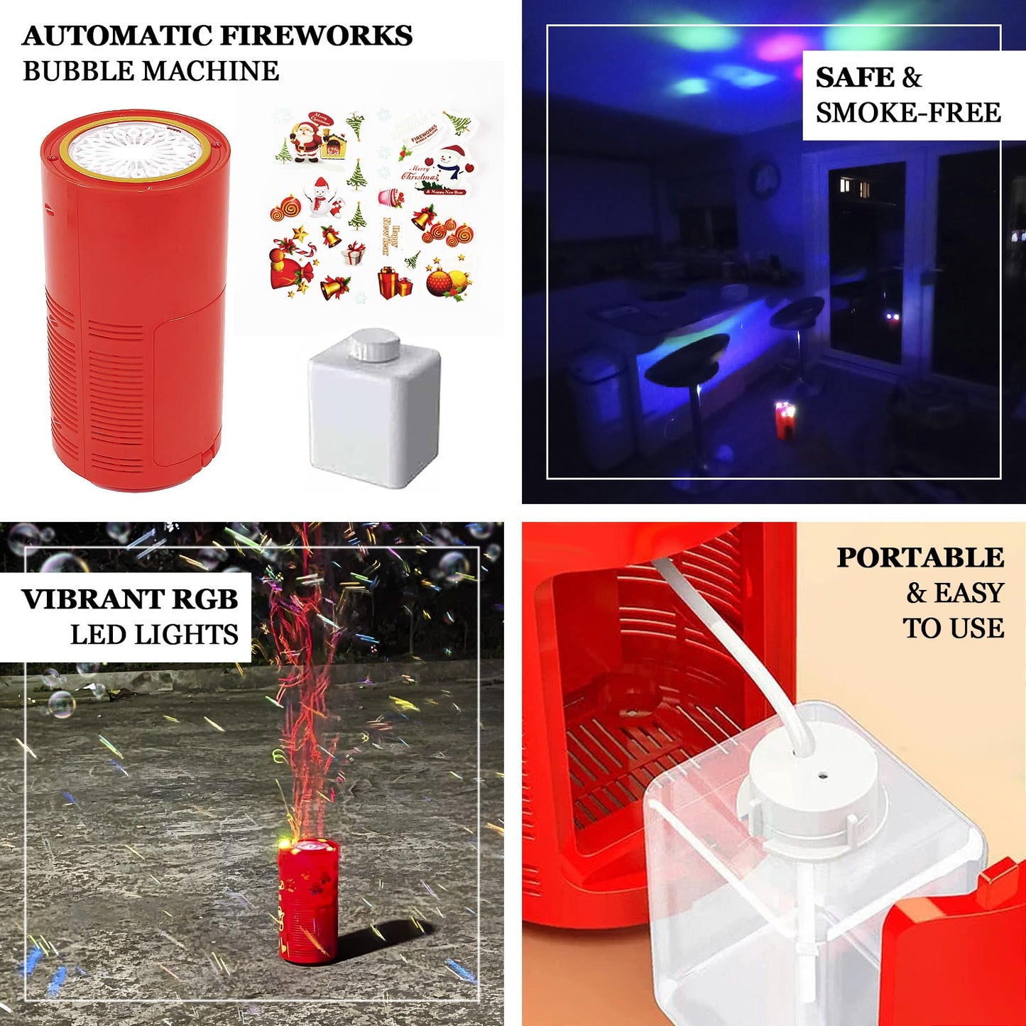 Fireworks Bubble Machine with RGB Lights and Realistic Sound â€“ 8.5â€ Automatic Bubble Blower for Kids, 20 holes 240ml Solution