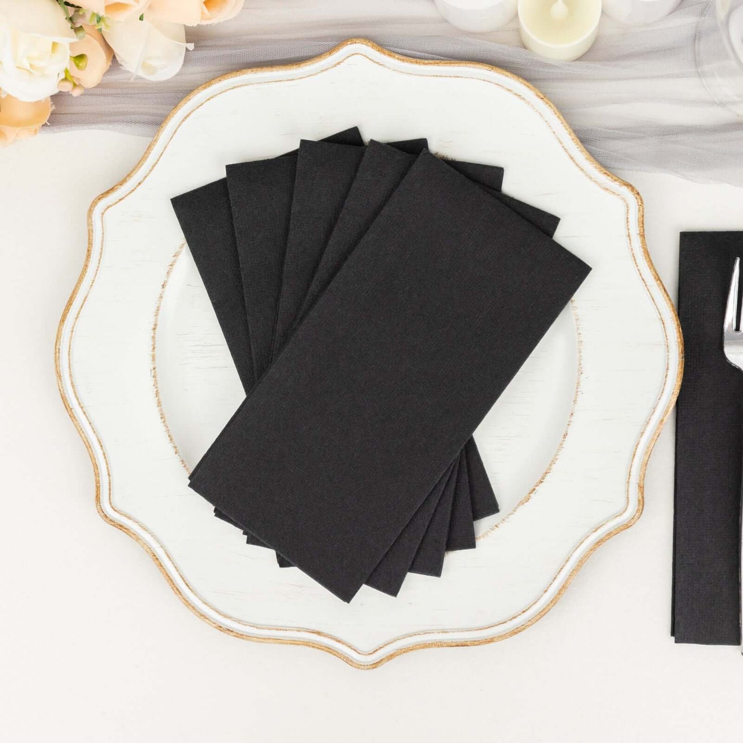 20 Pack Linen-Like Paper 8.5"x4" Napkins Black - Highly Absorbent & Disposable Airlaid Guest Towels