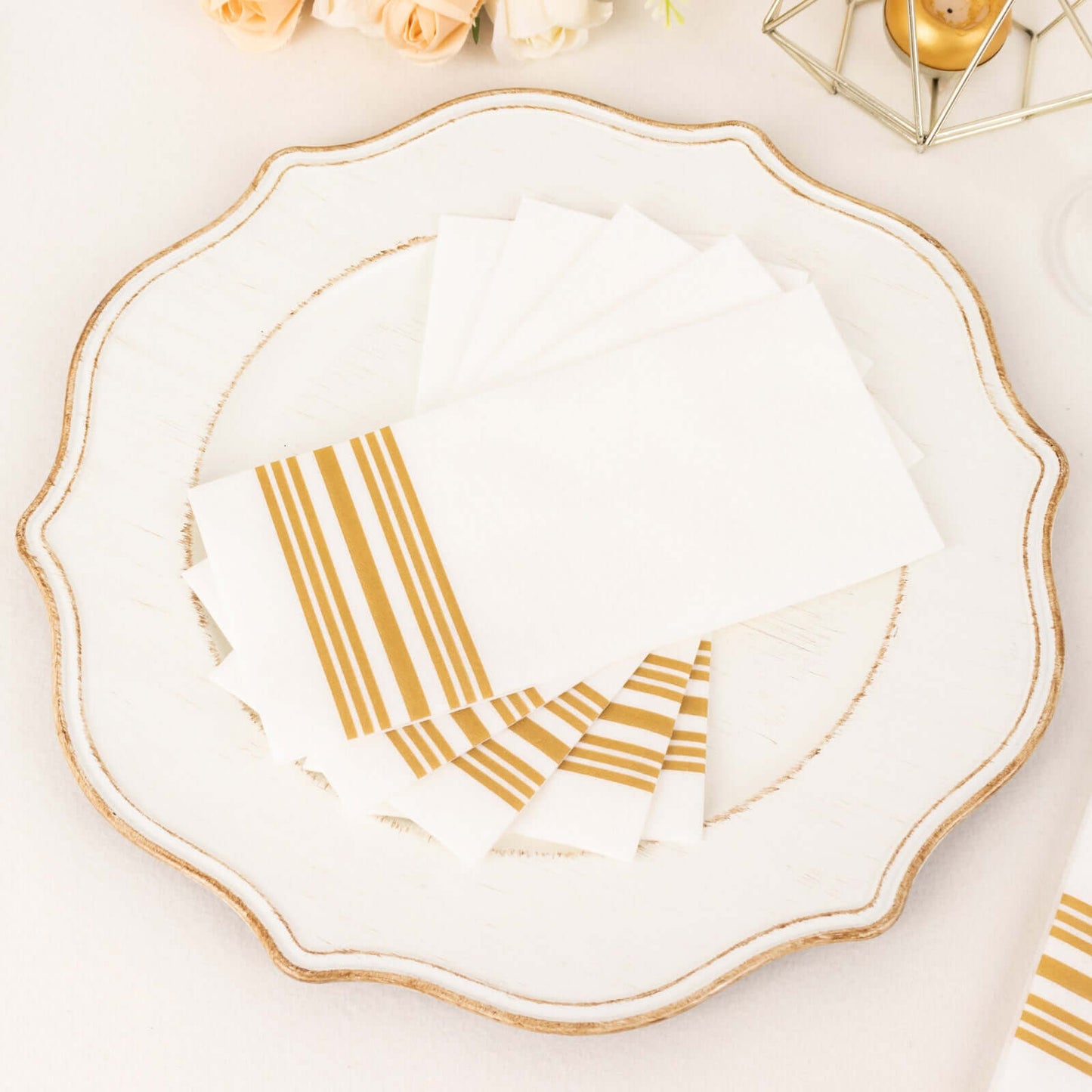 20 Pack Linen-Like Paper 8"x4" Napkins White With Gold Lines - Soft Hygienic Airlaid Guest Towels