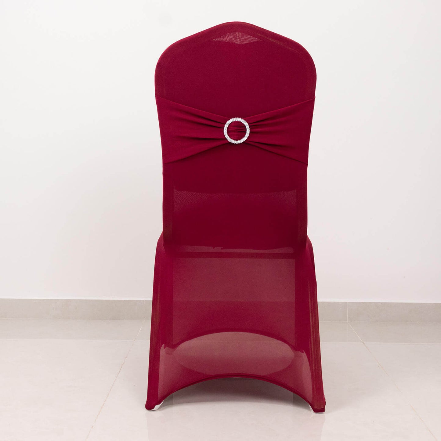 Spandex Chair Cover with Silver Rhinestone Buckled Sash Band Burgundy - Stretch Fitted Slipcover