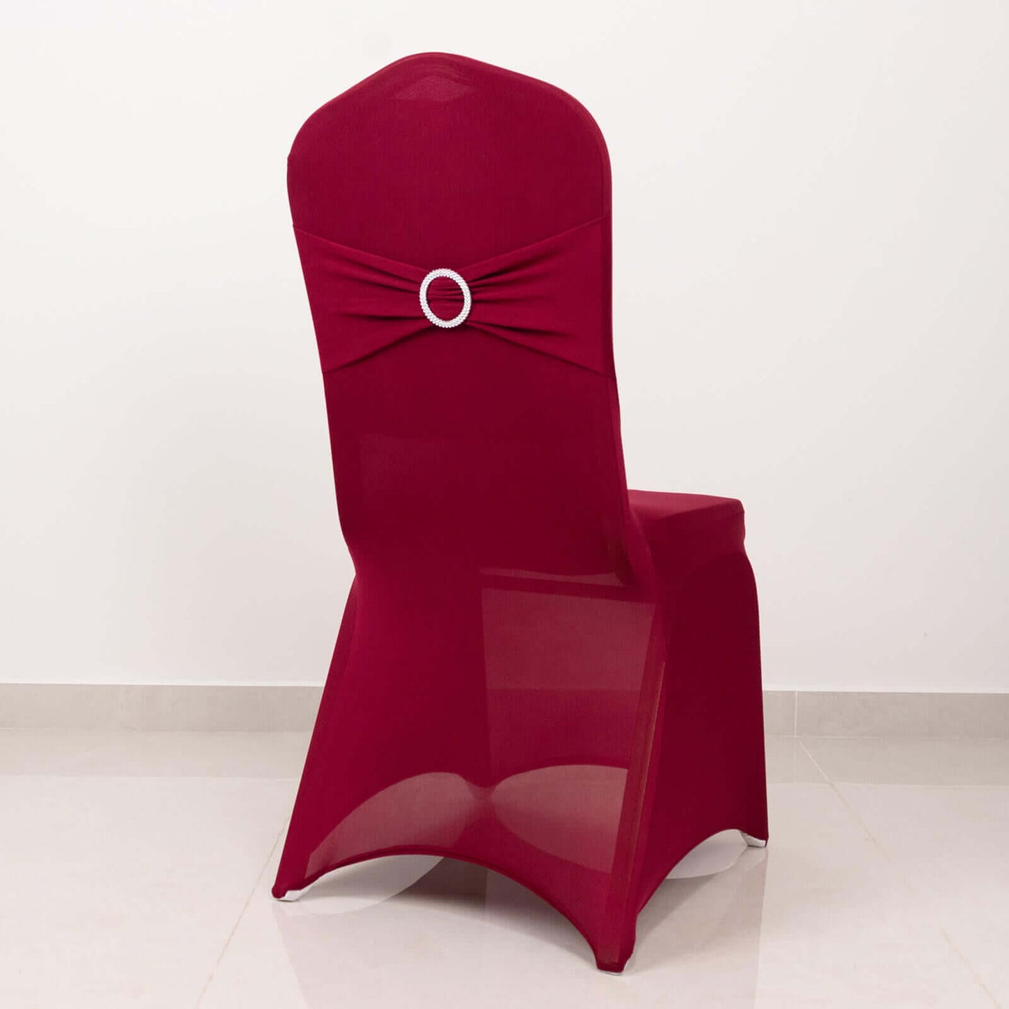 Spandex Chair Cover with Silver Rhinestone Buckled Sash Band Burgundy - Stretch Fitted Slipcover