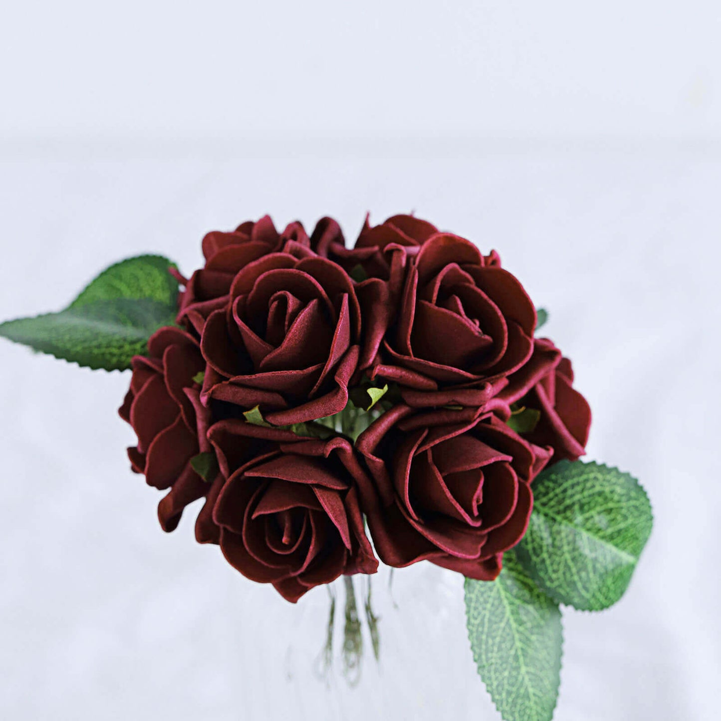 24 Roses 2" Burgundy Artificial Foam Flowers With Stem Wire and Leaves
