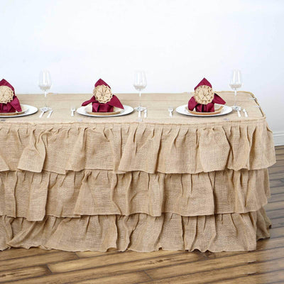 Burlap 17ft Table Skirt Natural 3 Tier Ruffled Design for Rustic Weddings & Country Events - Linen Luxes