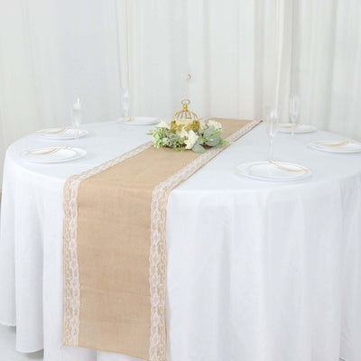 Burlap Jute 14"x104" Table Runner Natural With White Lace Trim Edges - Rustic Vintage Tabletop Decor
