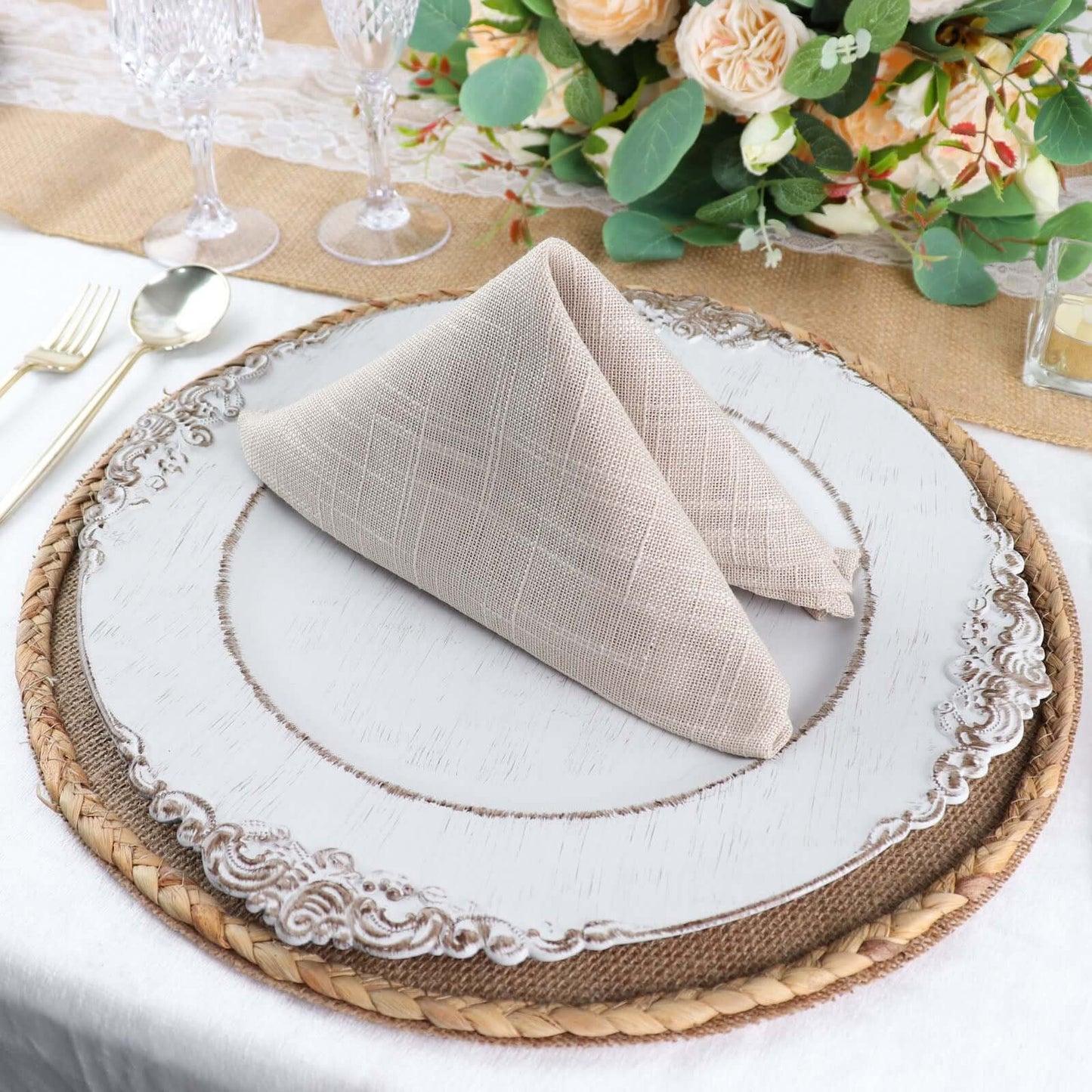 4-Pack Placemats Braided Edge Design Natural Burlap Jute Round - Rustic Farmhouse Style with Trim 15"