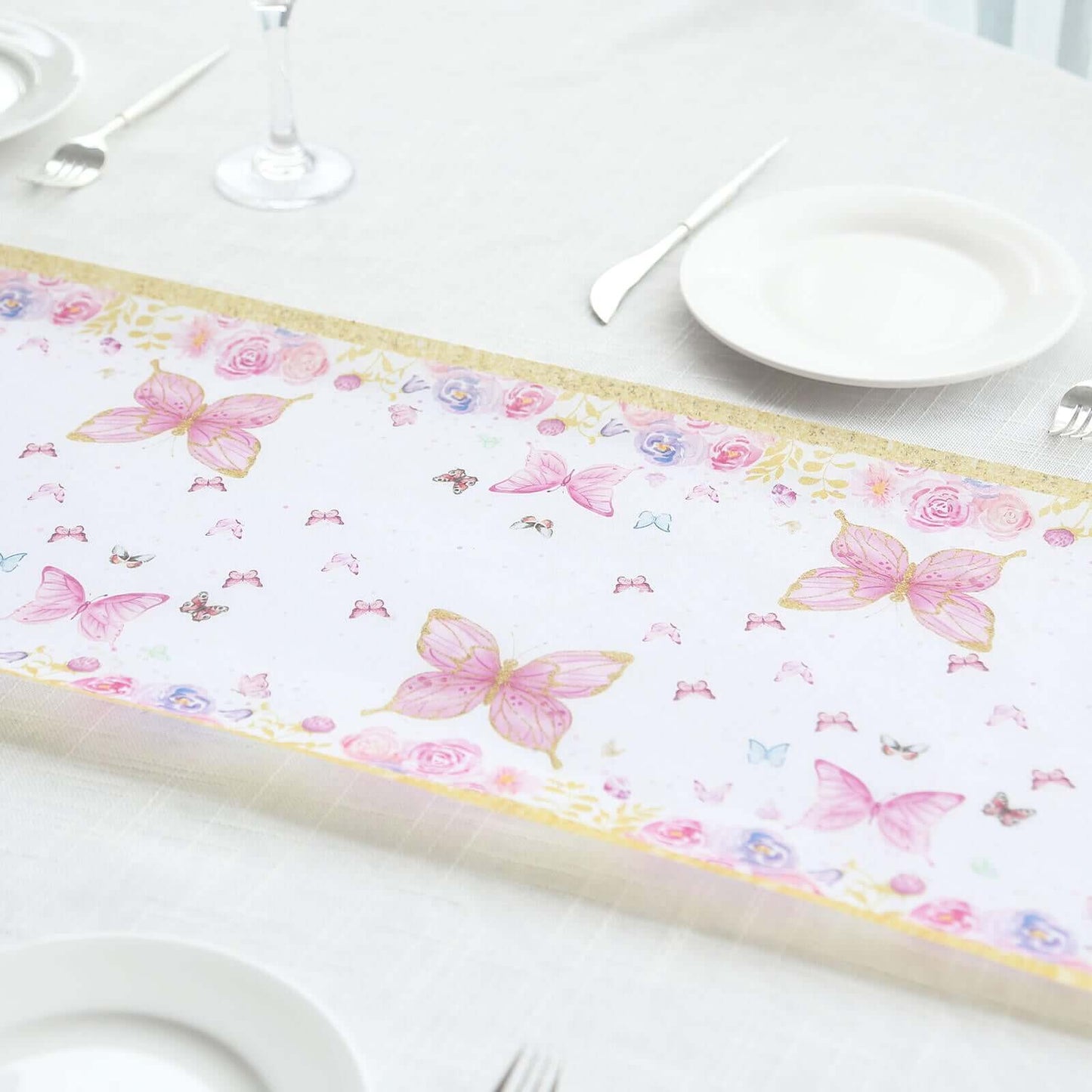 5 Pack Disposable Table Runners 11"x108" White with Pink Butterflies - Non-woven Stylish Spring Summer Dining Decor