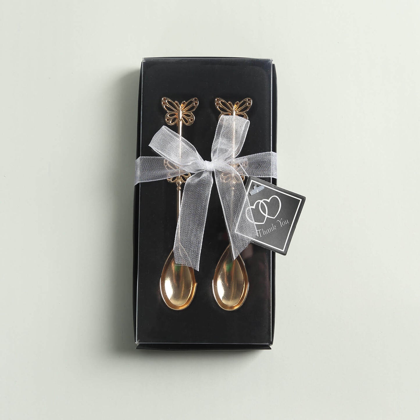 5 Pack Gold Metal Butterfly Handle Dessert Spoons in Clear Top Black Gift Box, Pre-Packed Mini Espresso Coffee Spoons Wedding Souvenir Gift with Thank You Tag and Ribbon - 4"