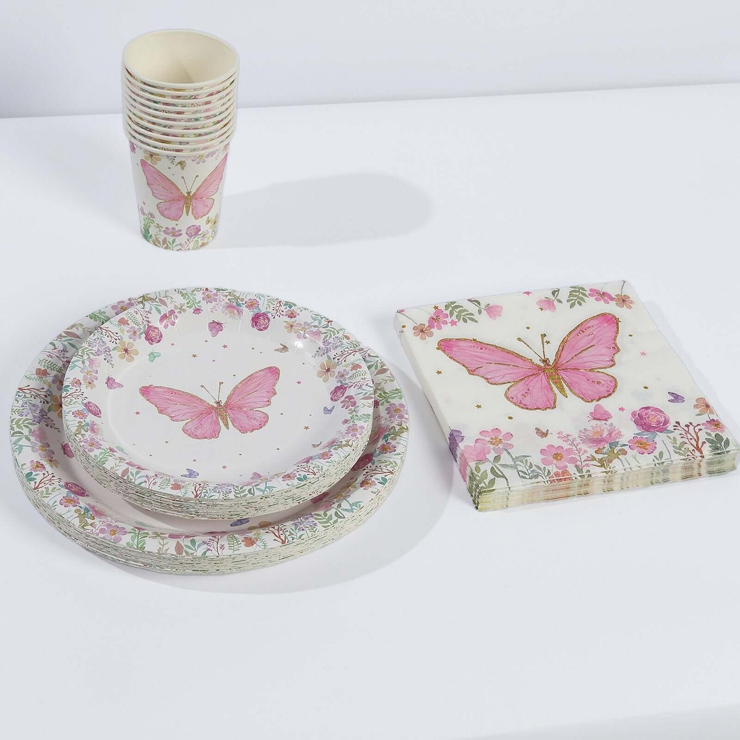 96 Pcs Paper Dinnerware Set with Butterfly Print White/Pink - Disposable Tableware Set with Plates, Cups, and Napkins