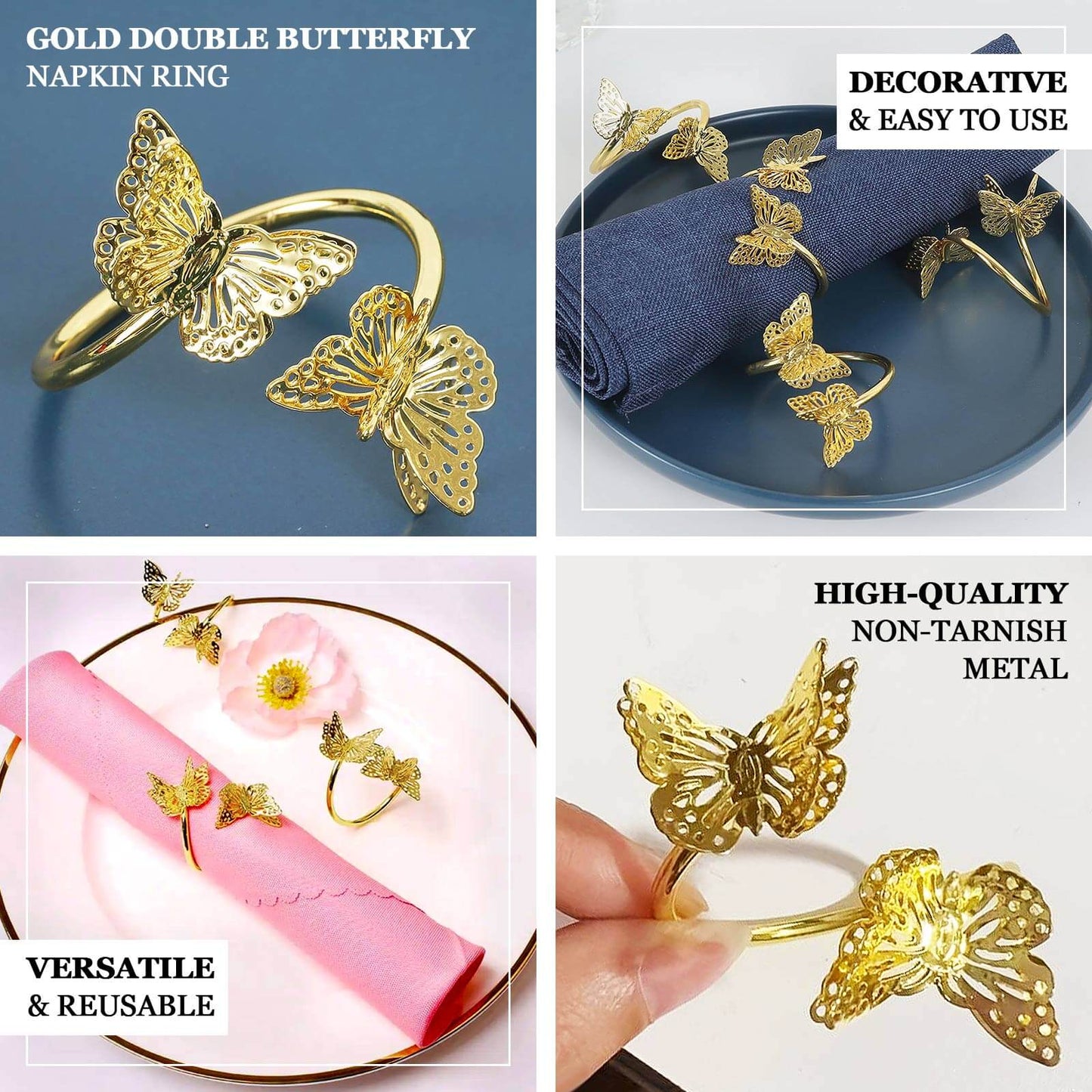 4 Pack Gold Laser Cut Butterfly Metal Napkin Holder Dining Table Decor, Spiral Wedding Napkin Rings - 2"
