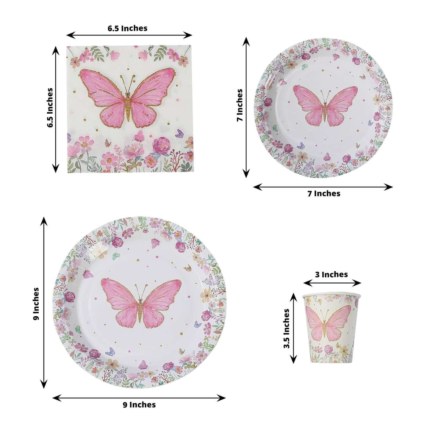 96 Pcs Paper Dinnerware Set with Butterfly Print White/Pink - Disposable Tableware Set with Plates, Cups, and Napkins