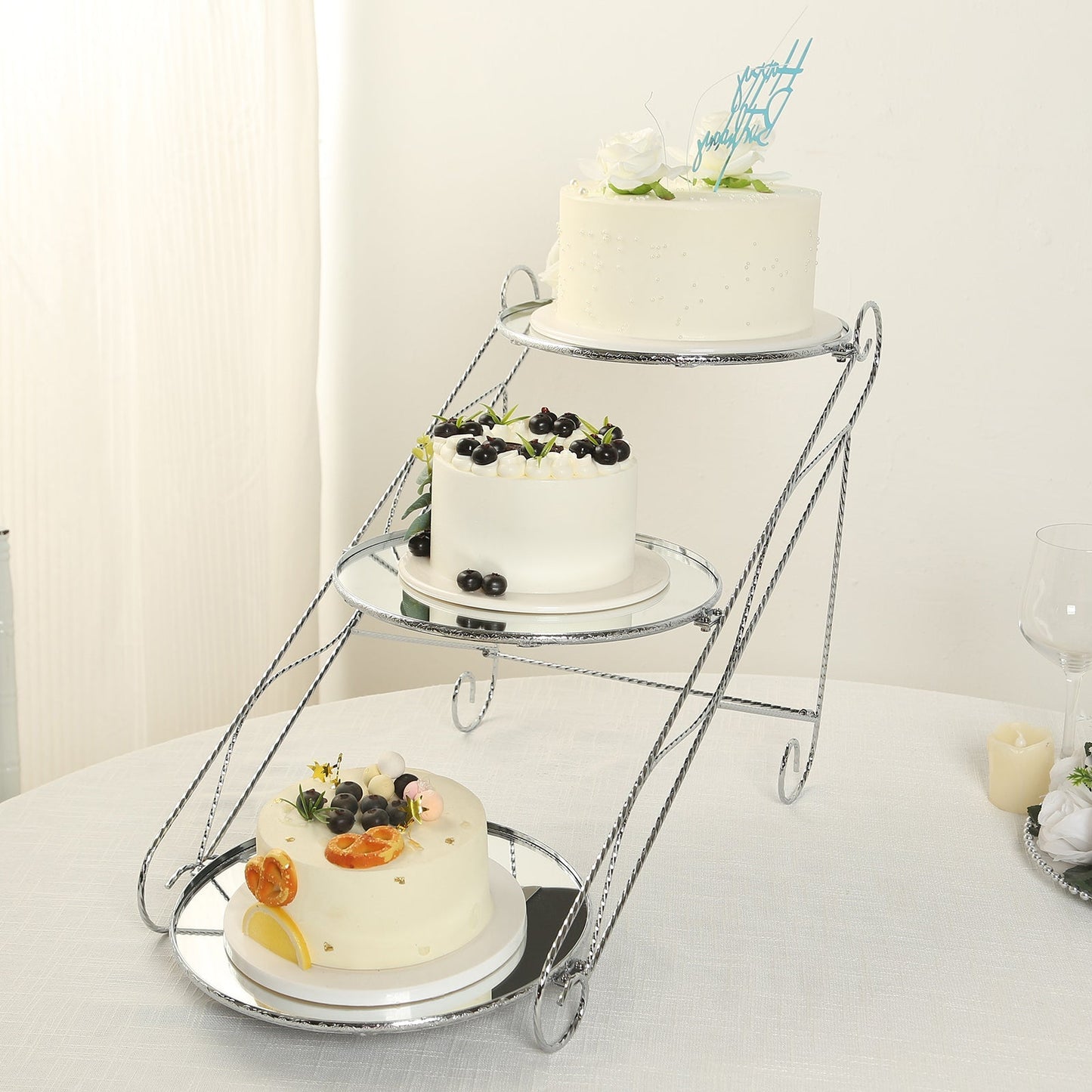 3-Tier Cake Stand Cascading Design with Round Mirror Trays Silver - Dessert Display and Serving Platter Metal 16"x19"