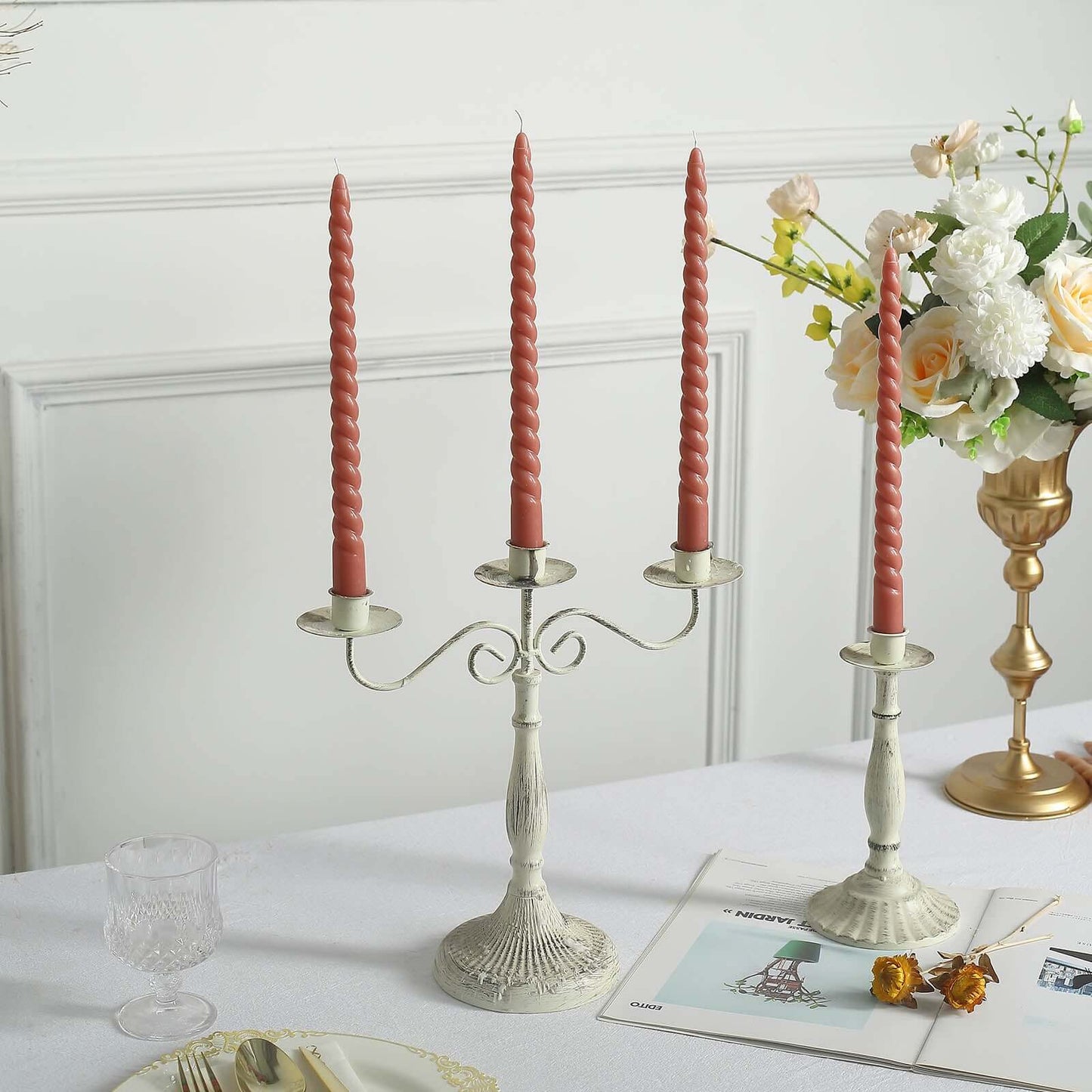 12-Pack Taper Candles Spiral Long Burn Wick Design Dark Nude - Premium Unscented Wax Dinner Candle Sticks 11"