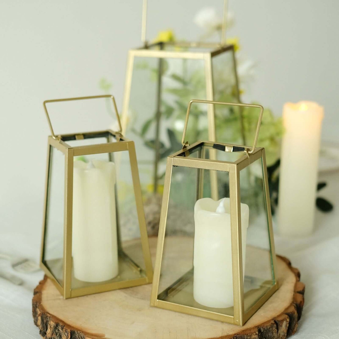 Metal Candle Lantern Trapezoid Geometric Design Gold - Hanging Terrarium Table Centerpiece for Indoor/Outdoor 10"