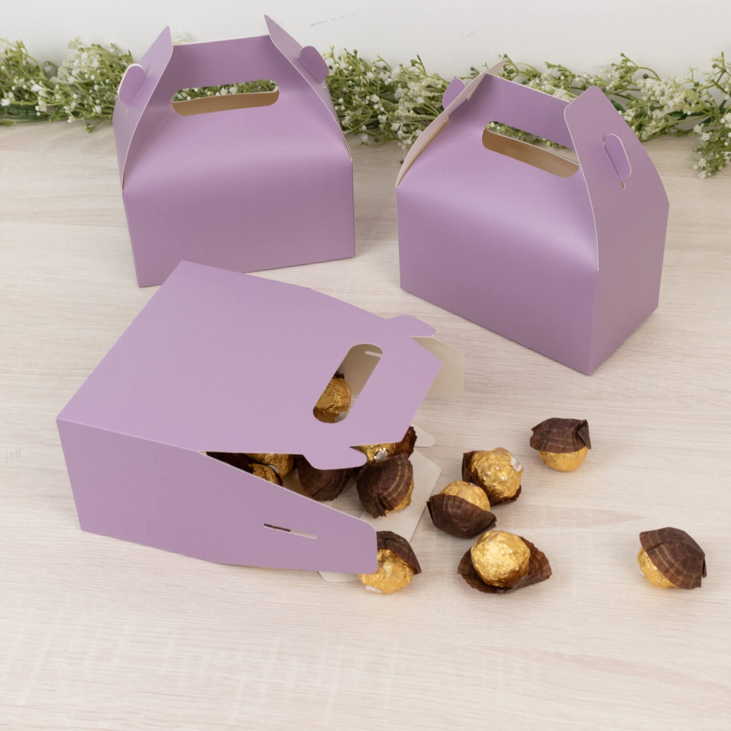 25 Pack Candy Gift Tote Gable Boxes, Matte Lavender Lilac Party Favor Treat Boxes - 6"x3.5"x7"