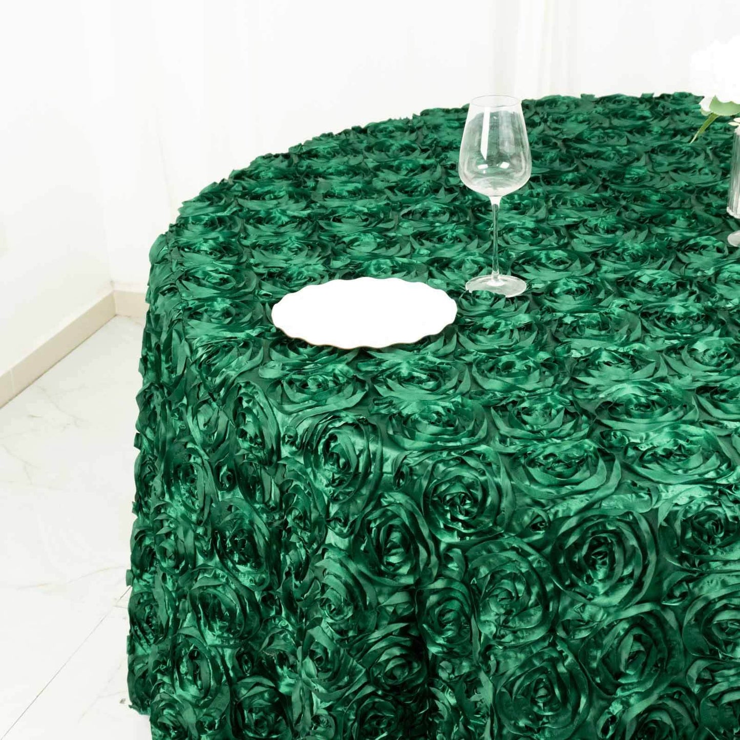 Satin 120" Round Tablecloth Hunter Emerald Green - Grandiose 3D Rosette with Seamless Finish Table Cover