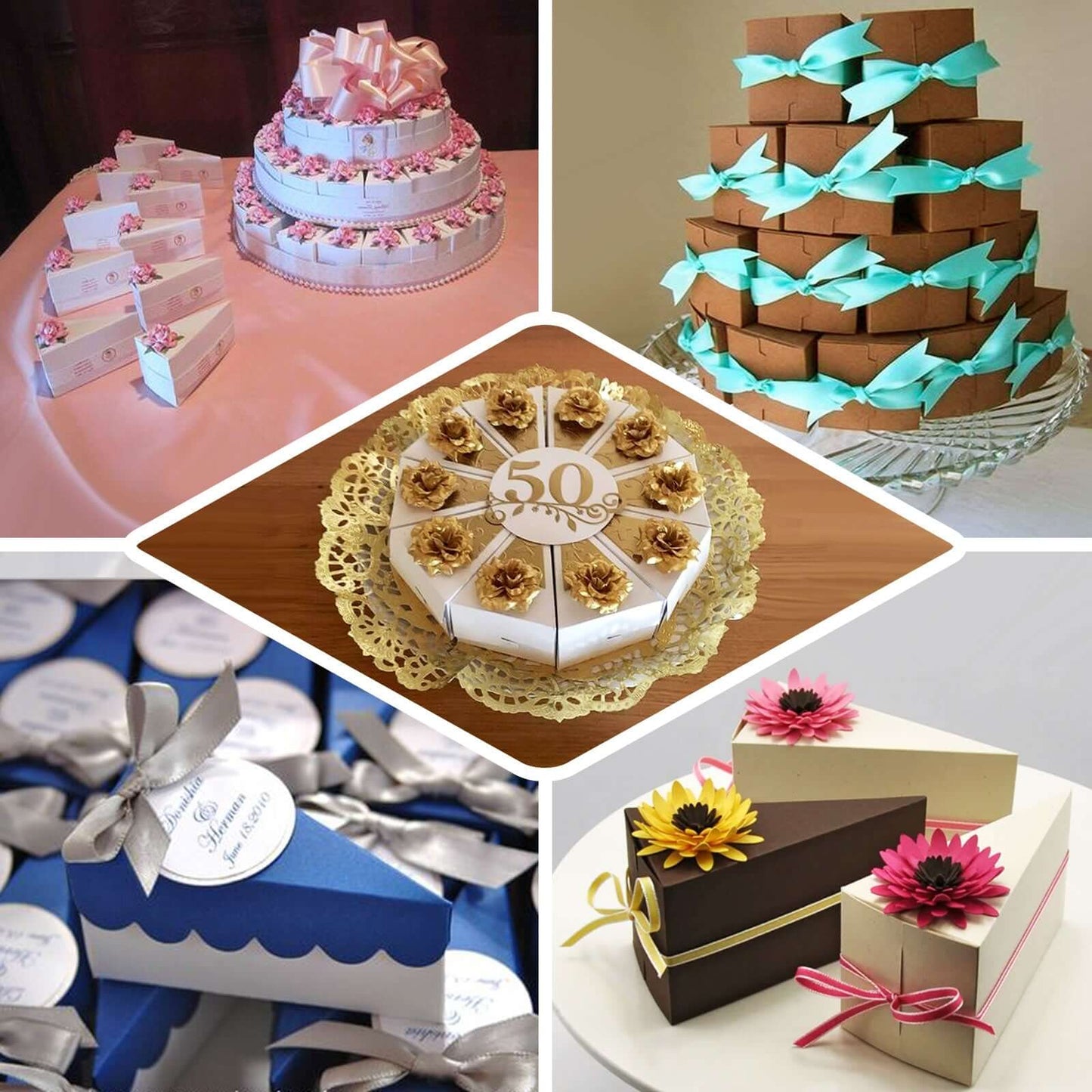 10-Pack Cardstock Triangle Cake Slice Boxes Metallic Silver with Scalloped Top - Decorative Takeaway Dessert Containers for Pie Snacks & Party Favors 5"x3"