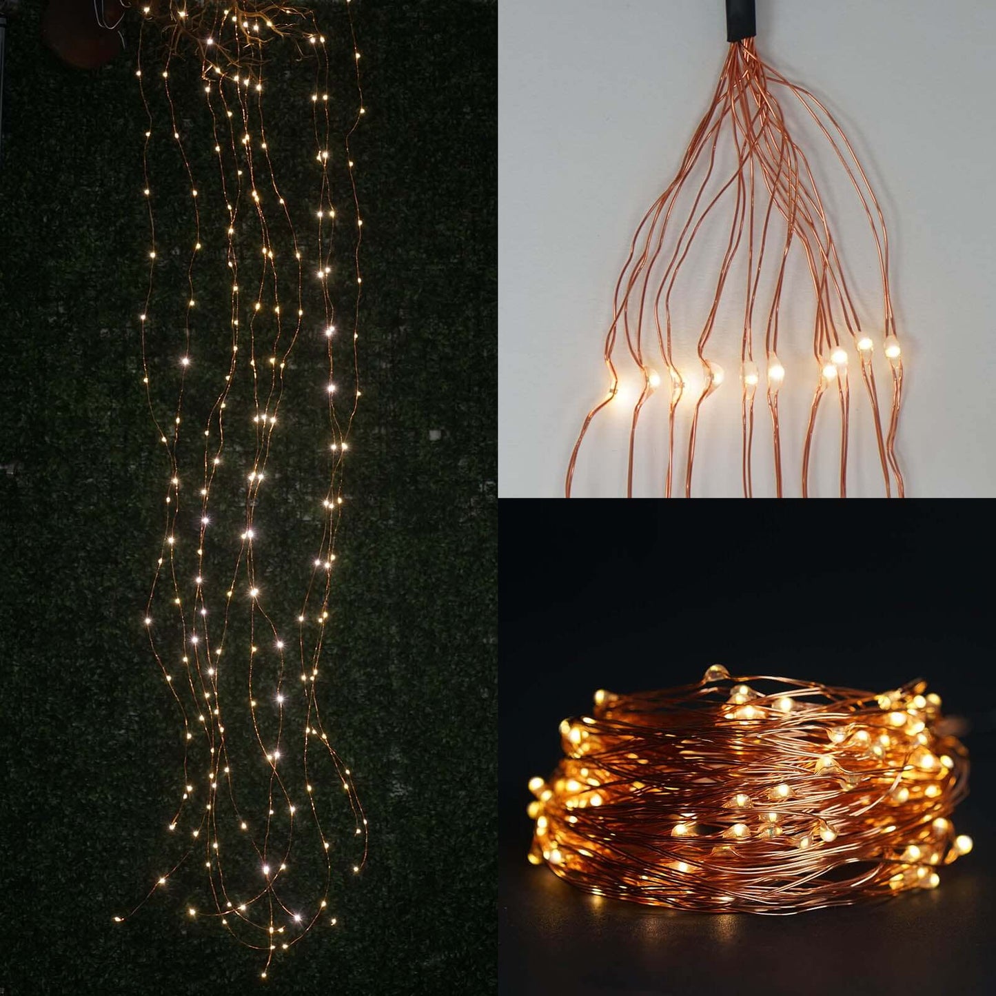 200 LED Fairy Waterfall String Lights Warm White Waterproof Copper Strands - Battery Operated DÃ©cor 8ft