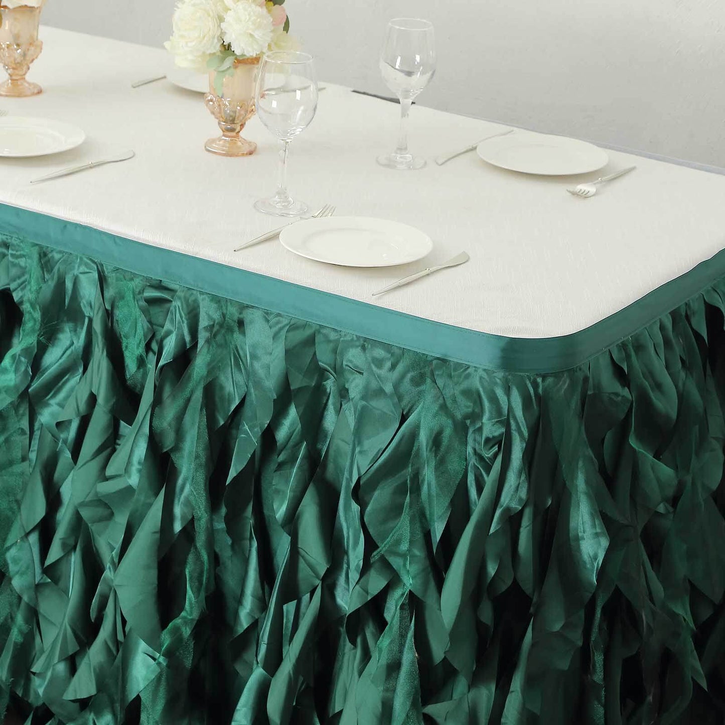 Taffeta 14ft Table Skirt Hunter Emerald Green - Cascading Curly Willow Style Table Cover