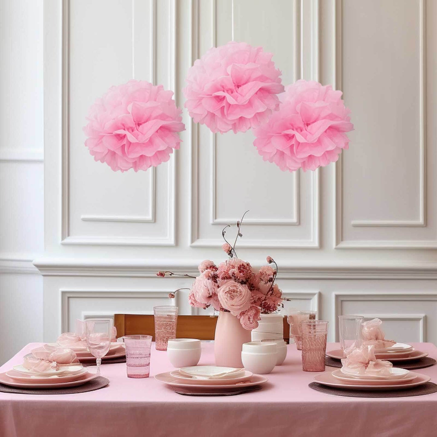 6 Pack 10" Pink Tissue Paper Pom Poms Flower Balls, Ceiling Wall Hanging Decorations