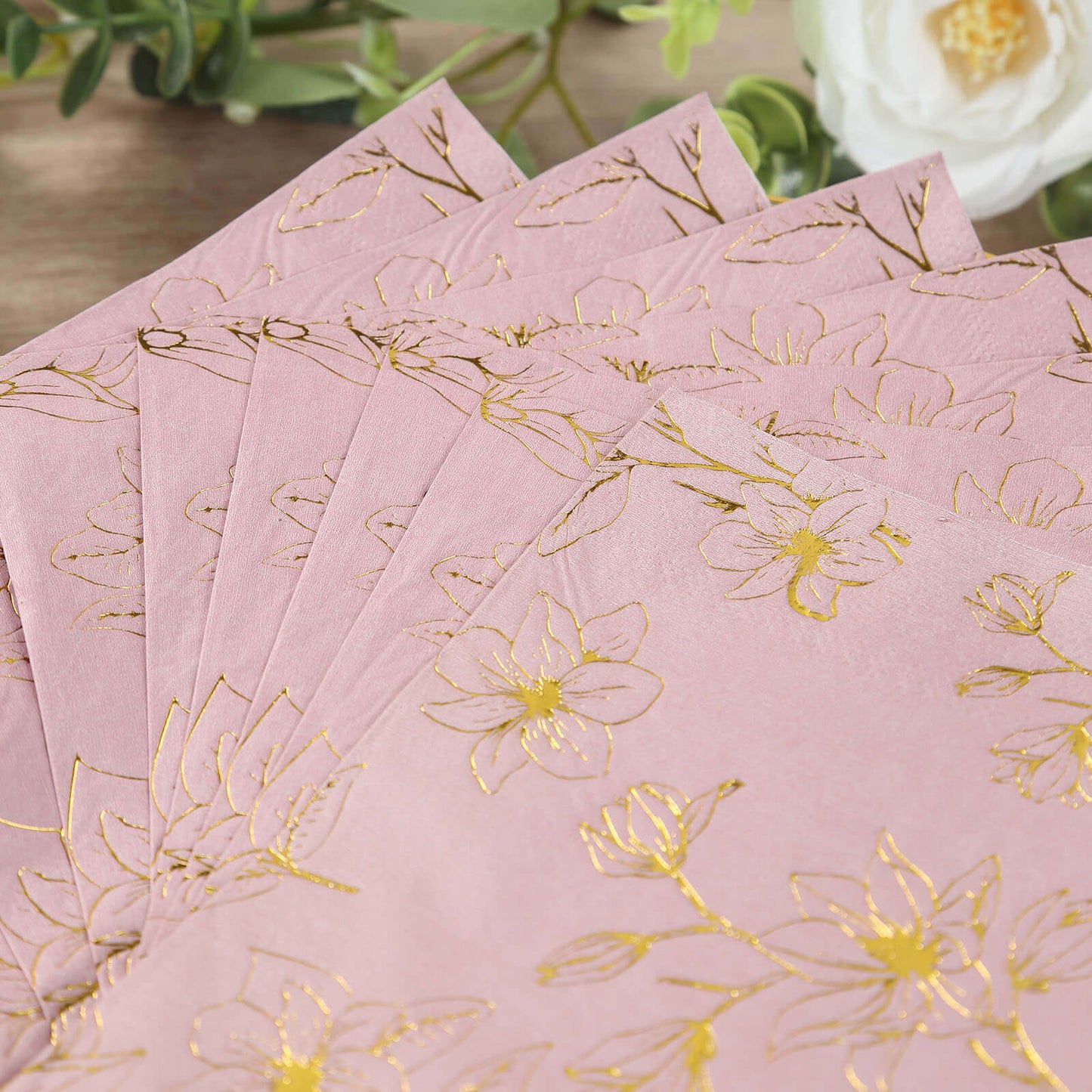 50-Pack Paper Cocktail Napkins with Gold Magnolia Flowers Print Dusty Rose - Highly 2 Ply Absorbent Soft Napkins for Beverages