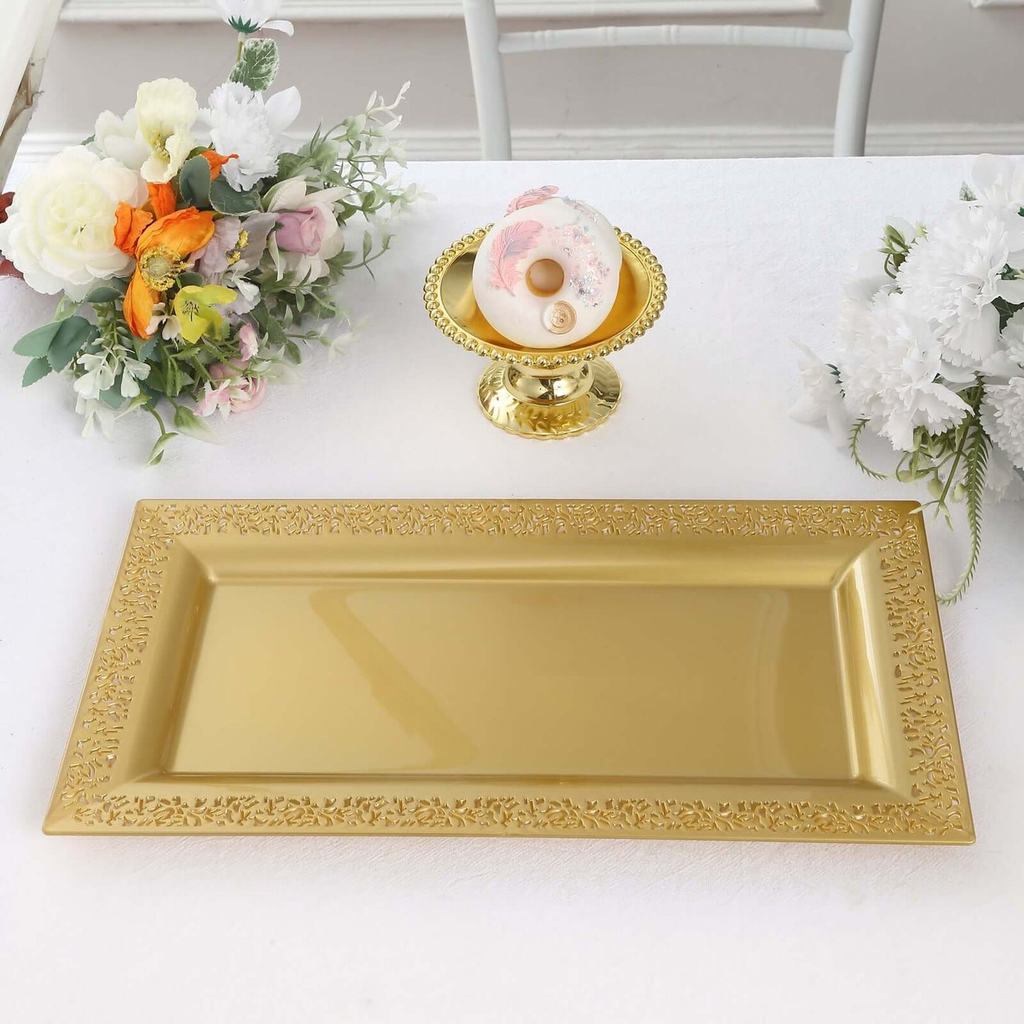 4-Pack Plastic 14" Rectangle Serving Trays Gold with Lace Rim - Chic Decorative Table Tray Platters for Buffets Banquets Dinner Parties