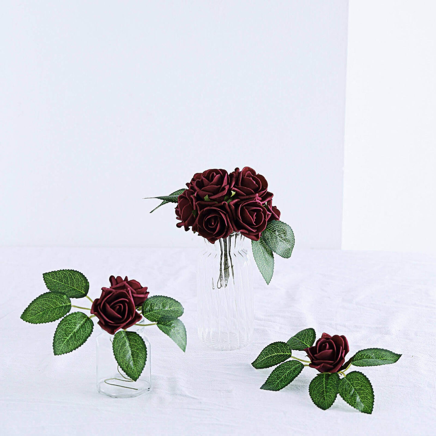 24 Roses 2" Burgundy Artificial Foam Flowers With Stem Wire and Leaves