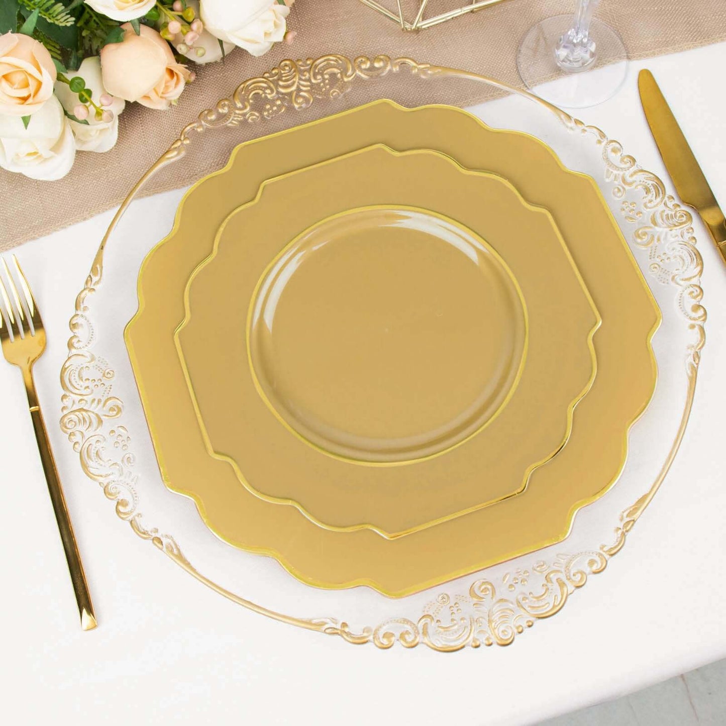 10-Pack Plastic Dessert Appetizer Plates in Gold Baroque Design with Scalloped Gold Rim - Heavy Duty Disposable Salad Plates 8"