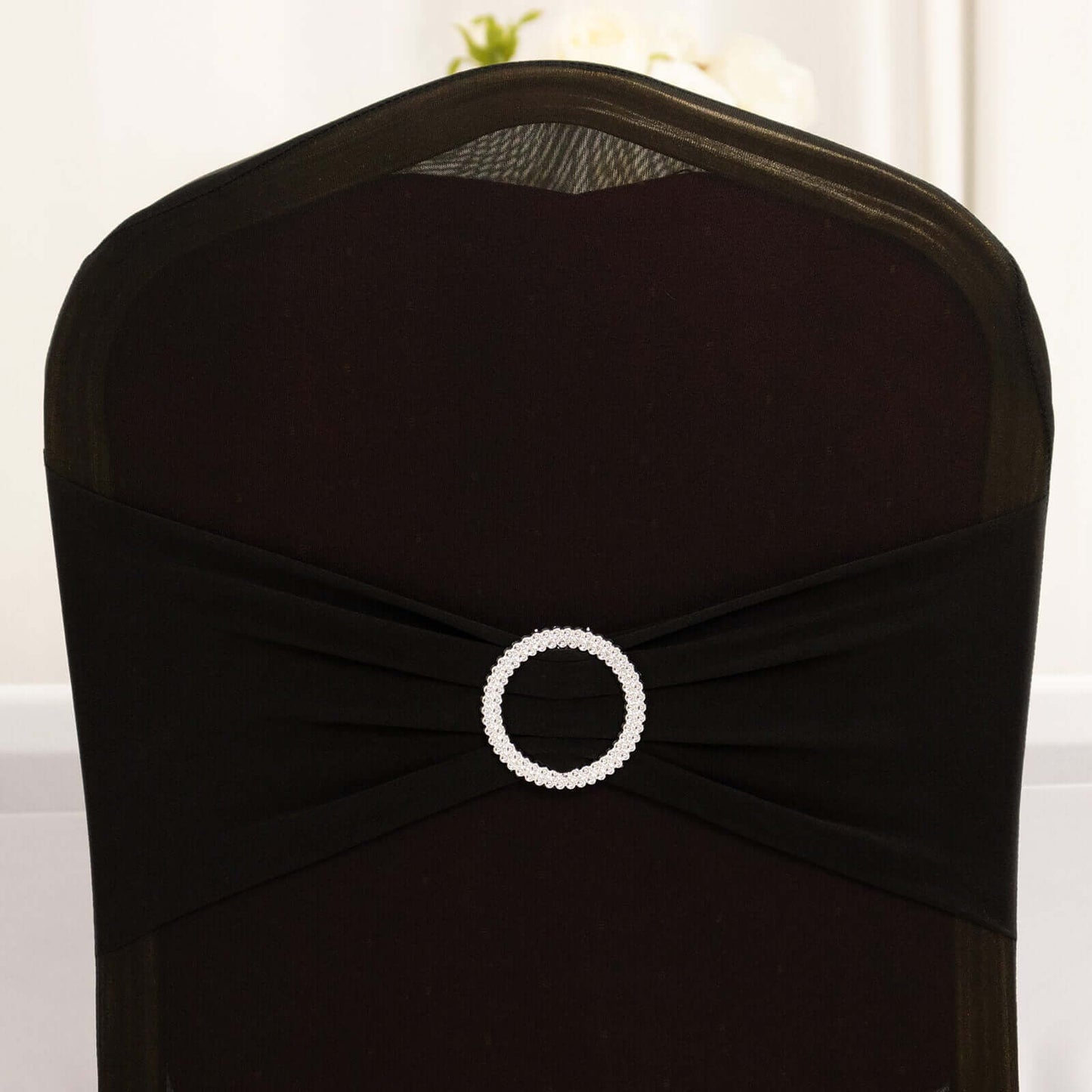 Spandex Chair Cover with Silver Rhinestone Buckled Sash Band Black - Stylish Stretch Fitted Slipcover for Banquets & Events
