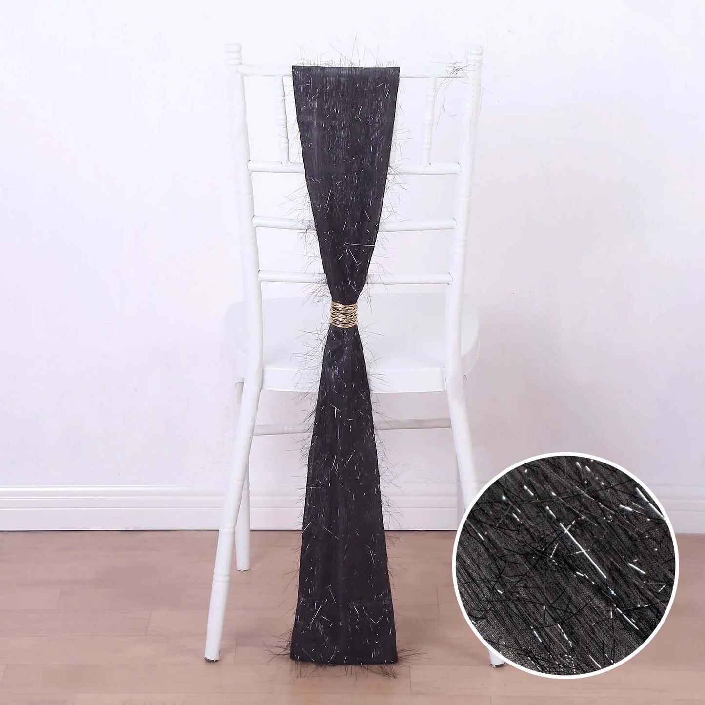 5 Pack Polyester Chair Sashes Black Metallic Tinsel Fringe - Easy to Use Chair Bows 6"x108"