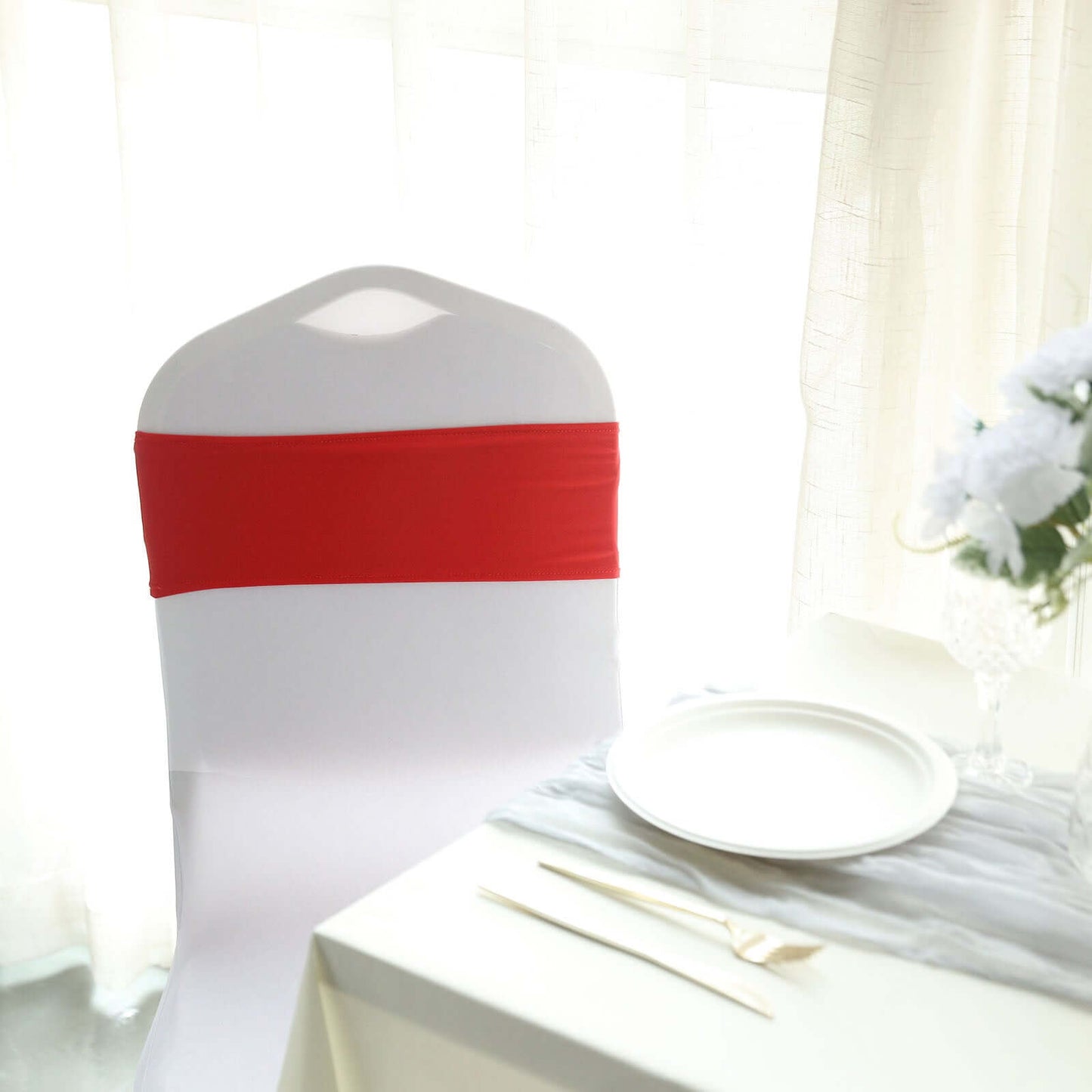 5 Pack Stretch Spandex Chair Sashes Red - Reusable Chair Bands with Silver Diamond Ring Slide Buckle 5"x14"