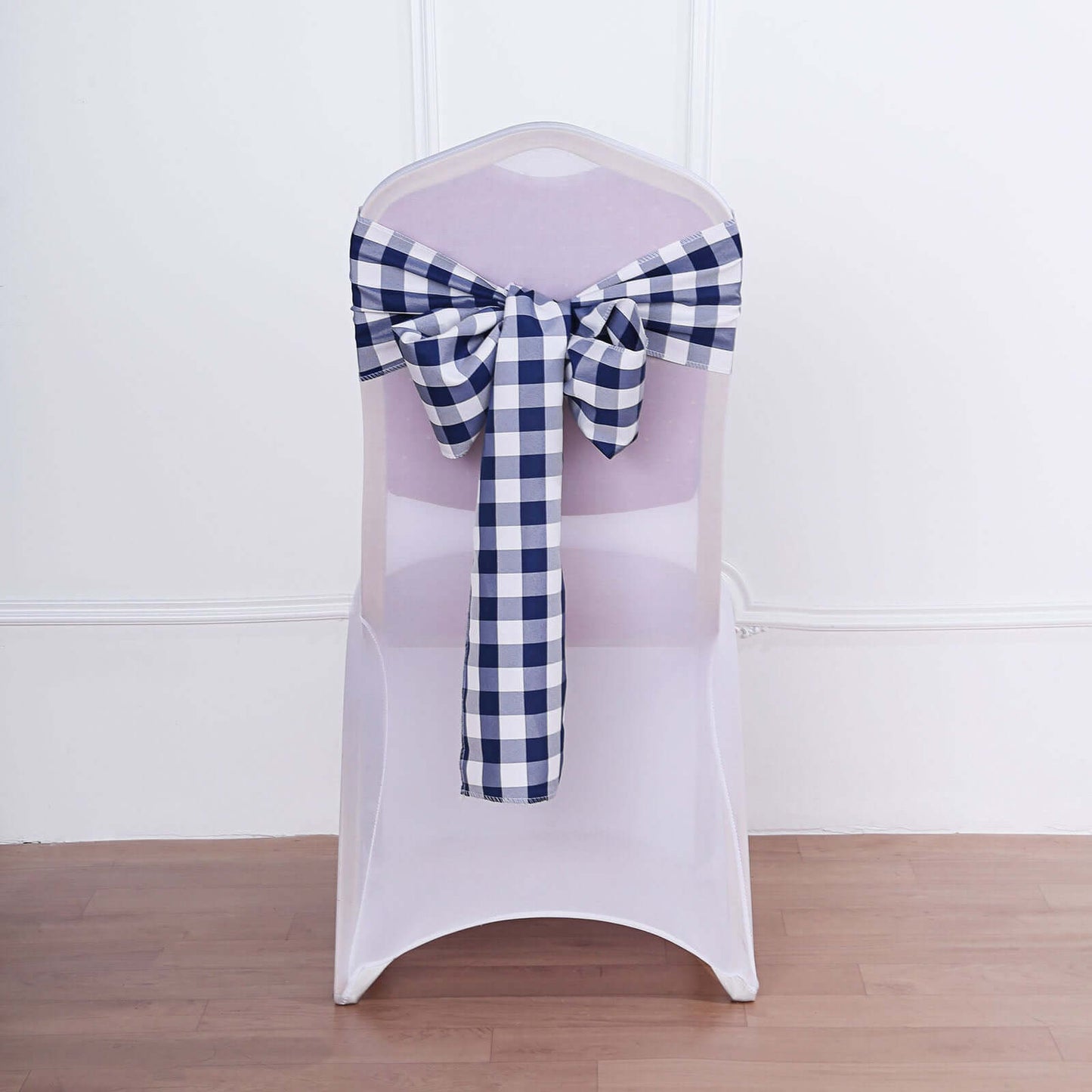 5 Pack Polyester Chair Sashes Navy Blue/White Buffalo Plaid - Durable & Reusable Chair Bows 6"x108"