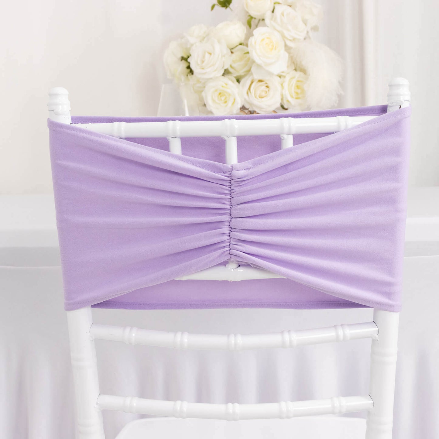 5 Pack Spandex Chair Sashes Lavender Lilac Ruffled Style - Wide Easy to Use Stretch Chair Bands 8"x13"