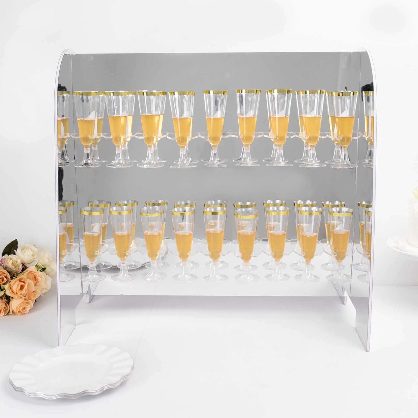 2-Tier Champagne Glass Holder Display Stand Table Top in Silver Mirror Finish - Modern Stemware Rack Cocktail Drink Holder with 18 Hooks for Events & DIY Bars 25"