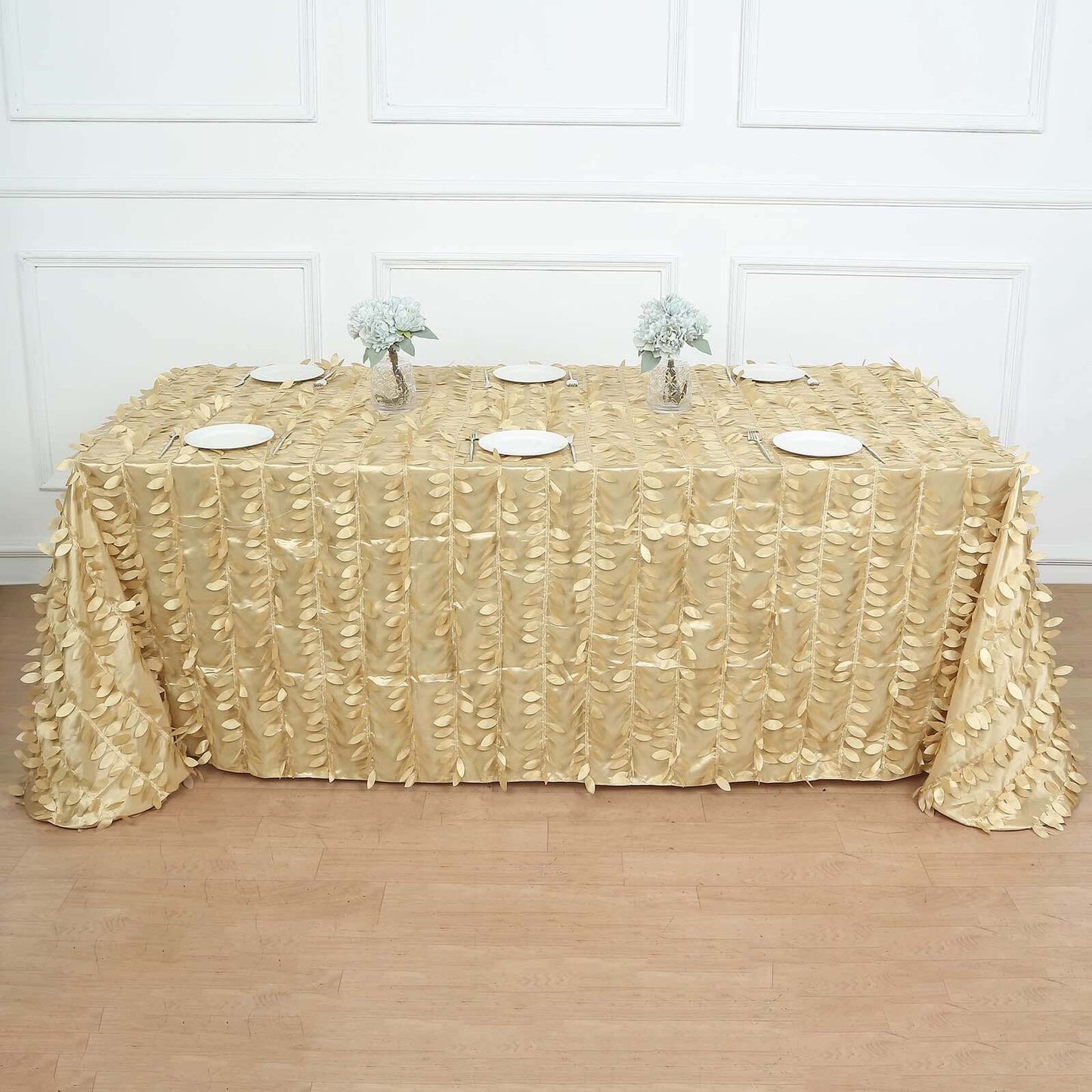 Taffeta 90"x132" Rectangle Tablecloth Champagne | 3D Leaf Petal Design Seamless Table Cover